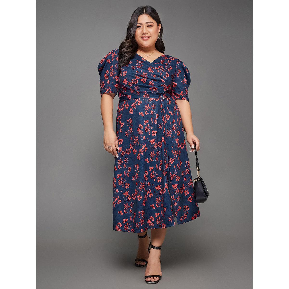 فستان ميدي بمقاس كبير بطبعة زهور-women-clothing-dresses-image-1