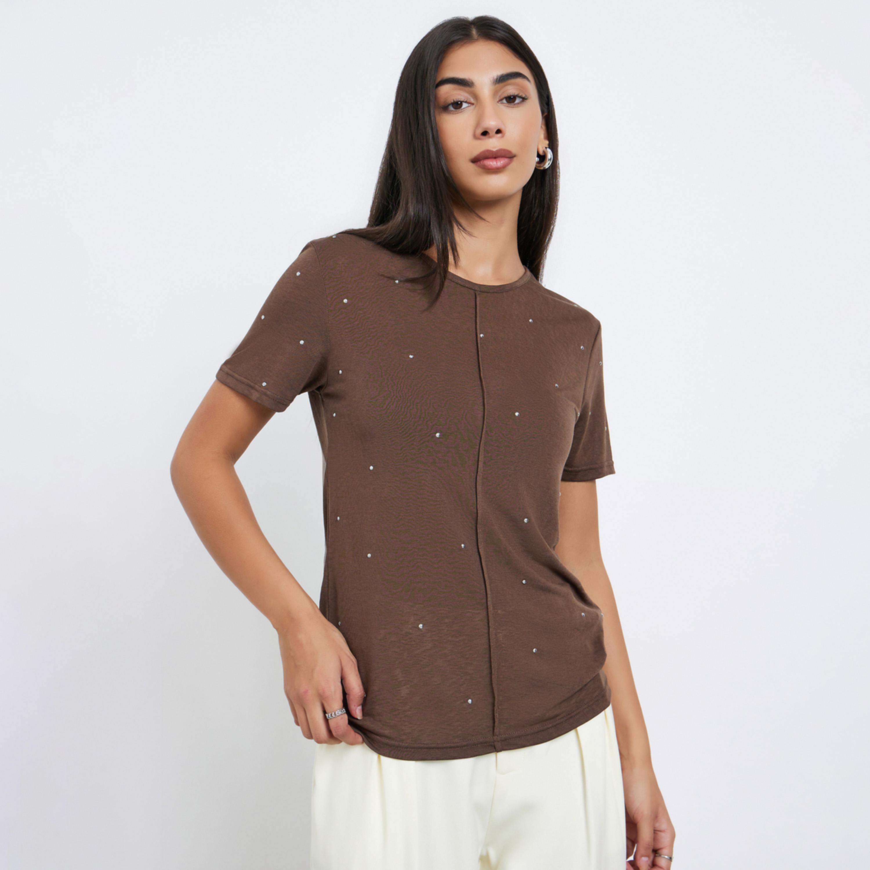 Styli Brown Embellished Short Sleeve T-Shirt-women-clothing-tshirts-image-1