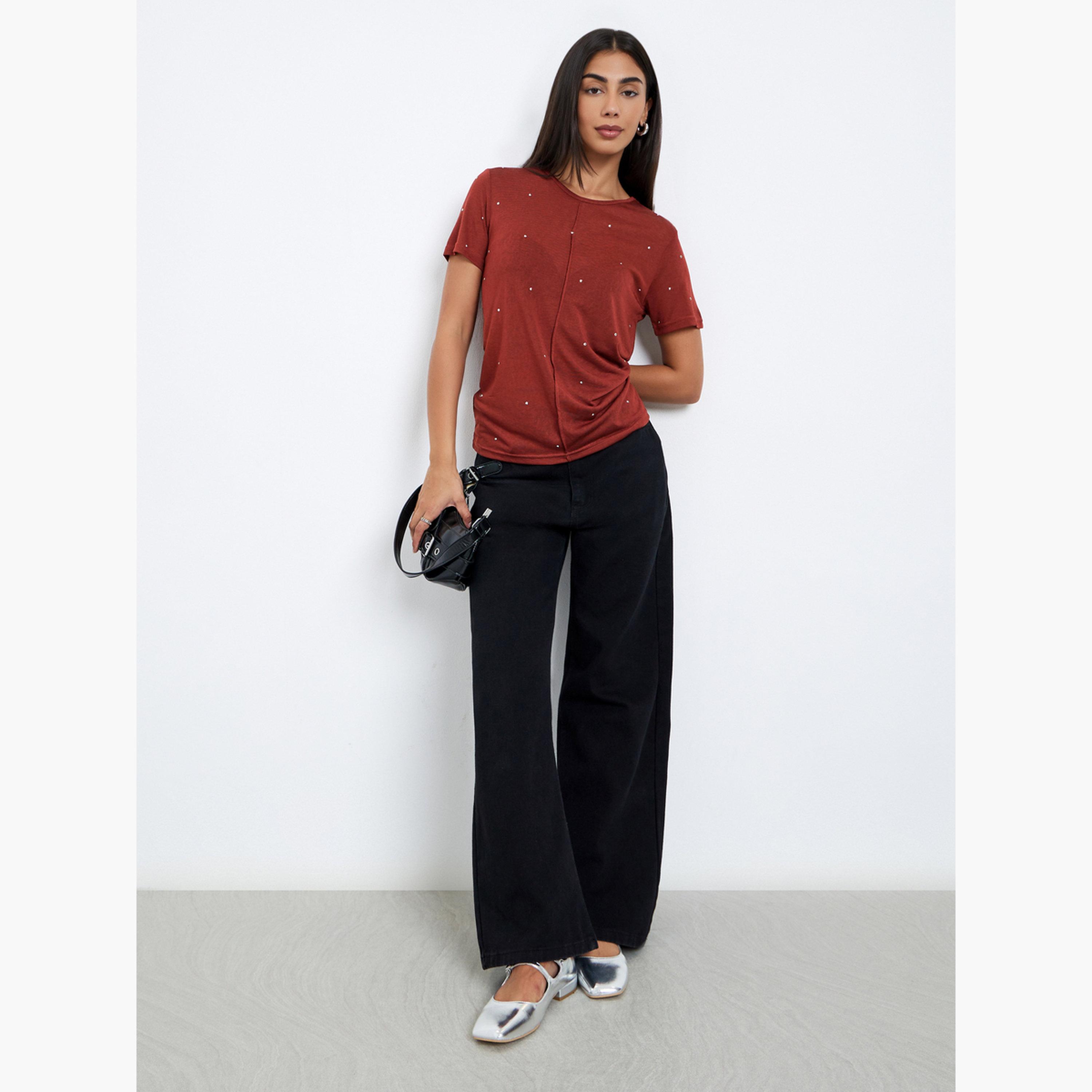 Styli Rust Embellished Short Sleeve T-Shirt-women-clothing-tshirts-image-2