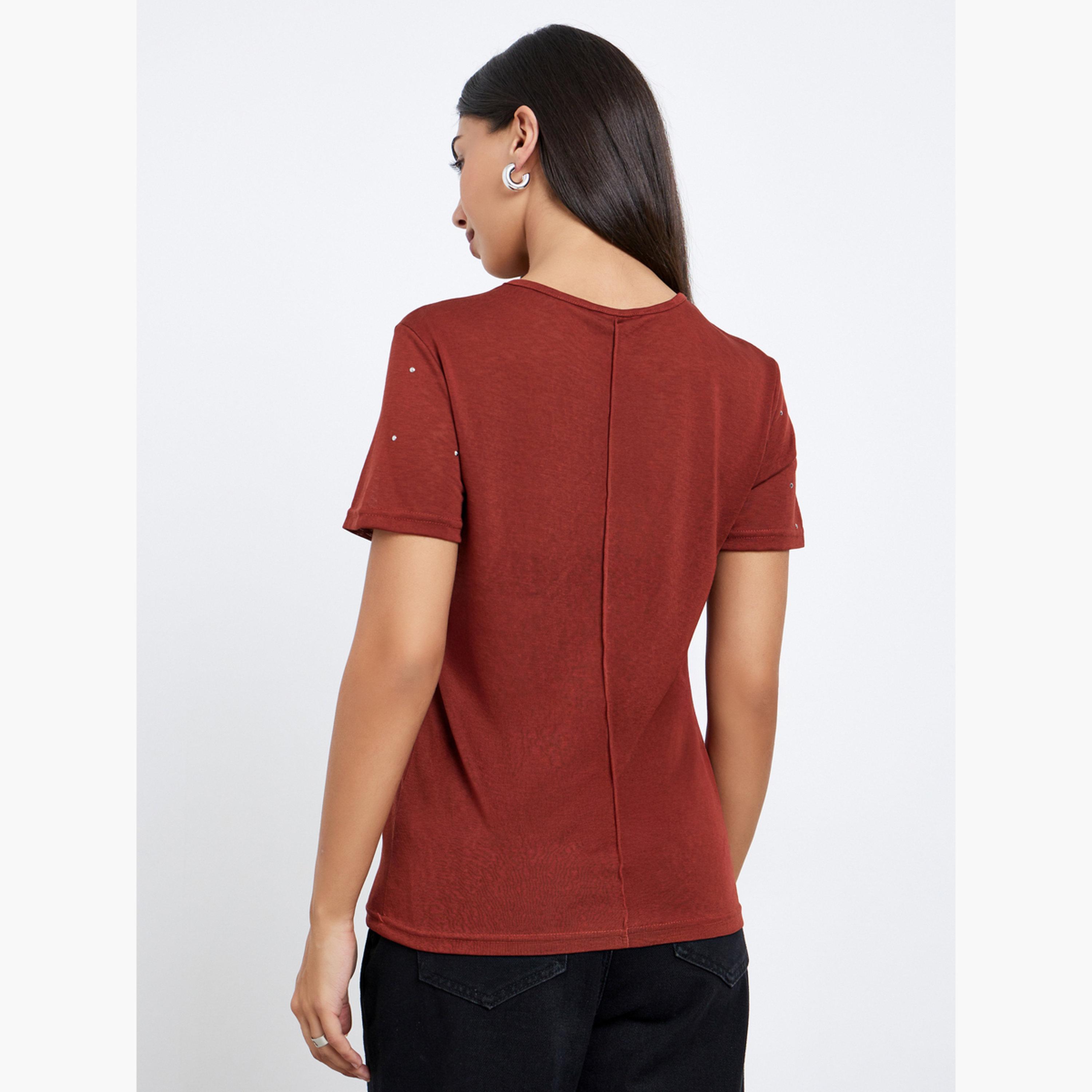 Styli Rust Embellished Short Sleeve T-Shirt-women-clothing-tshirts-image-4