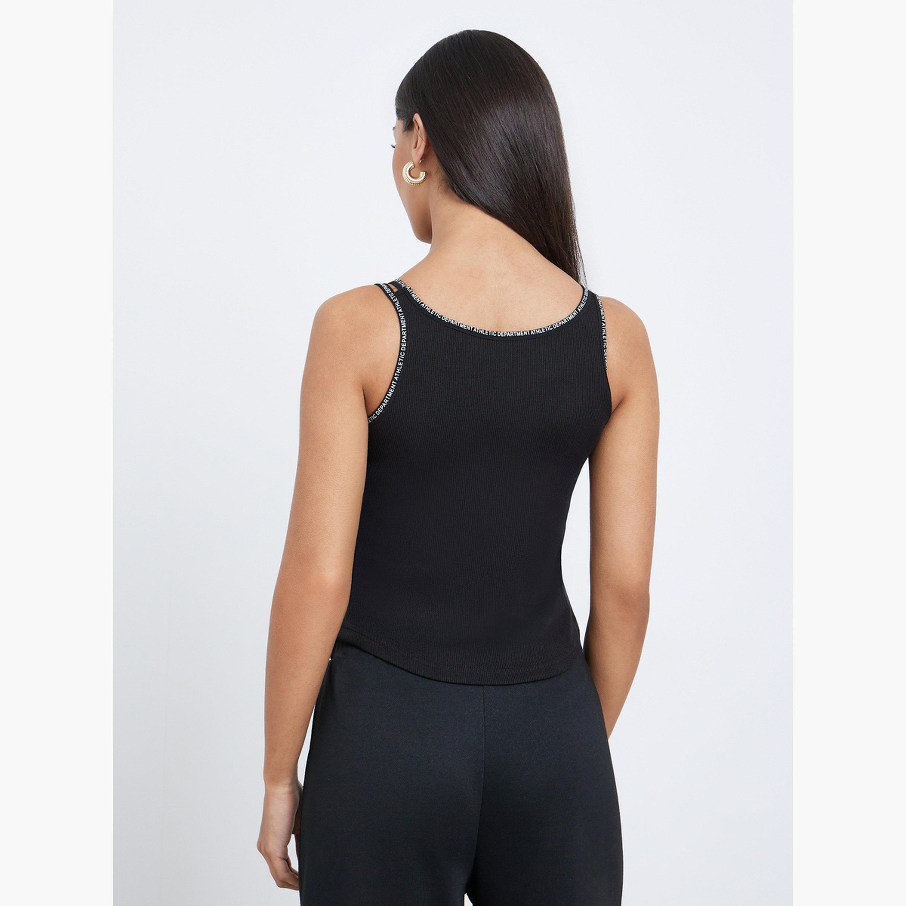 Styli Black Slogan Binding Detail Ribbed Tank-women-clothing-tshirts-image-5