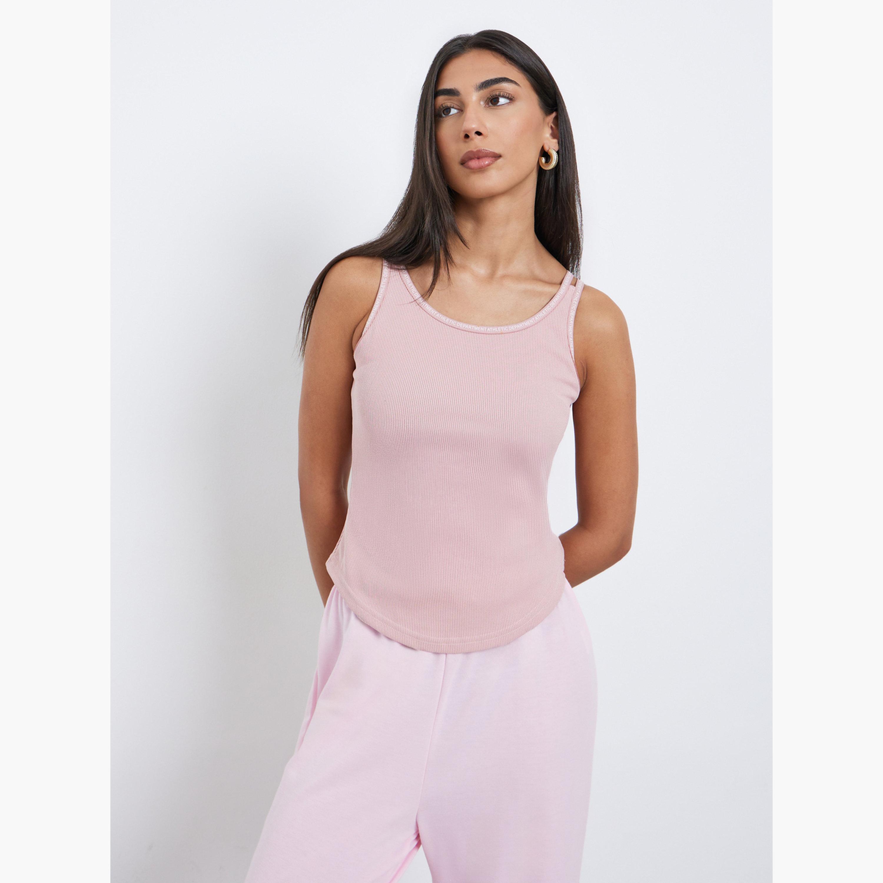 Styli Women Pink Slogan Binding Detail Ribbed Tank-women-clothing-tshirts-image-1