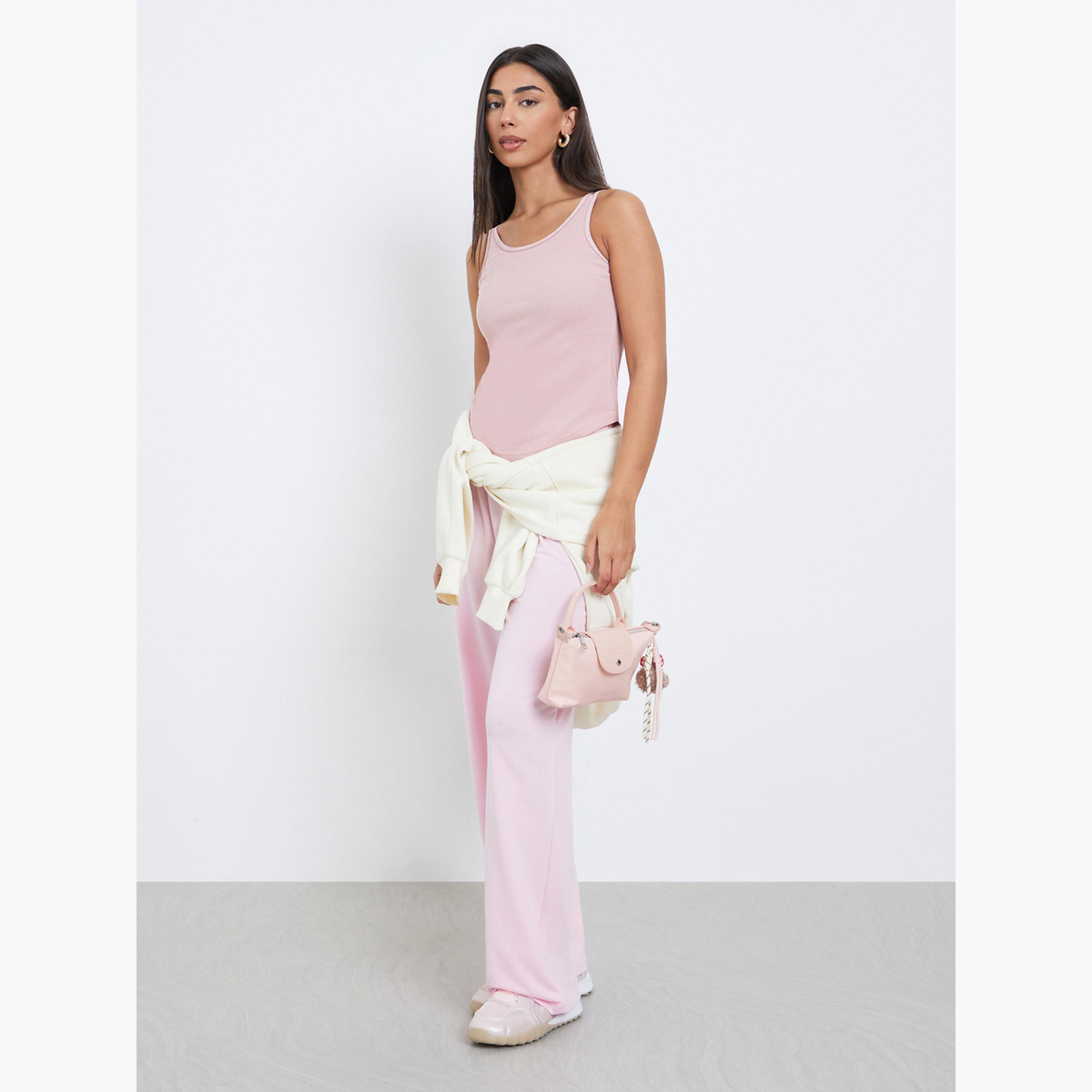Styli Women Pink Slogan Binding Detail Ribbed Tank-women-clothing-tshirts-image-2