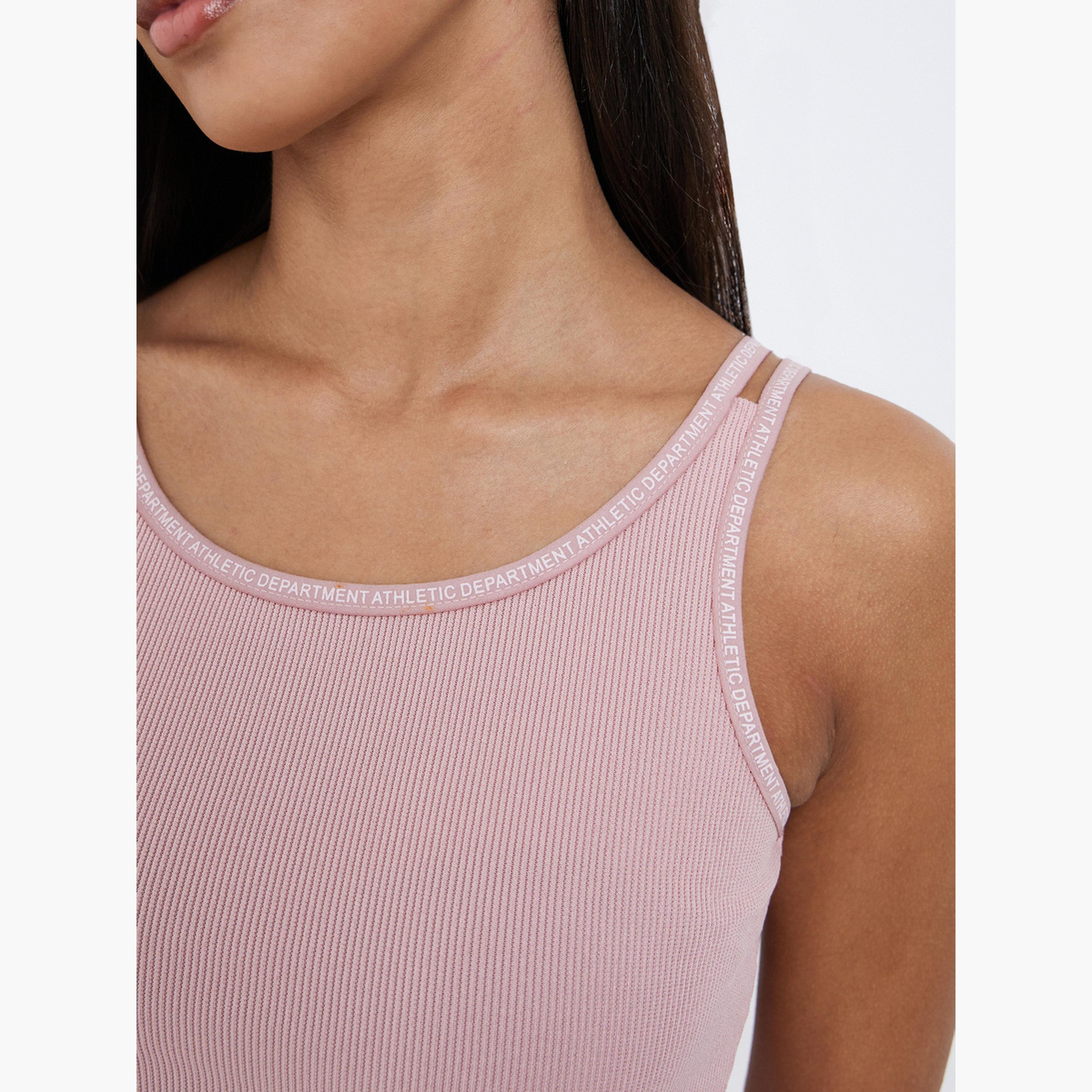Styli Women Pink Slogan Binding Detail Ribbed Tank-women-clothing-tshirts-image-4