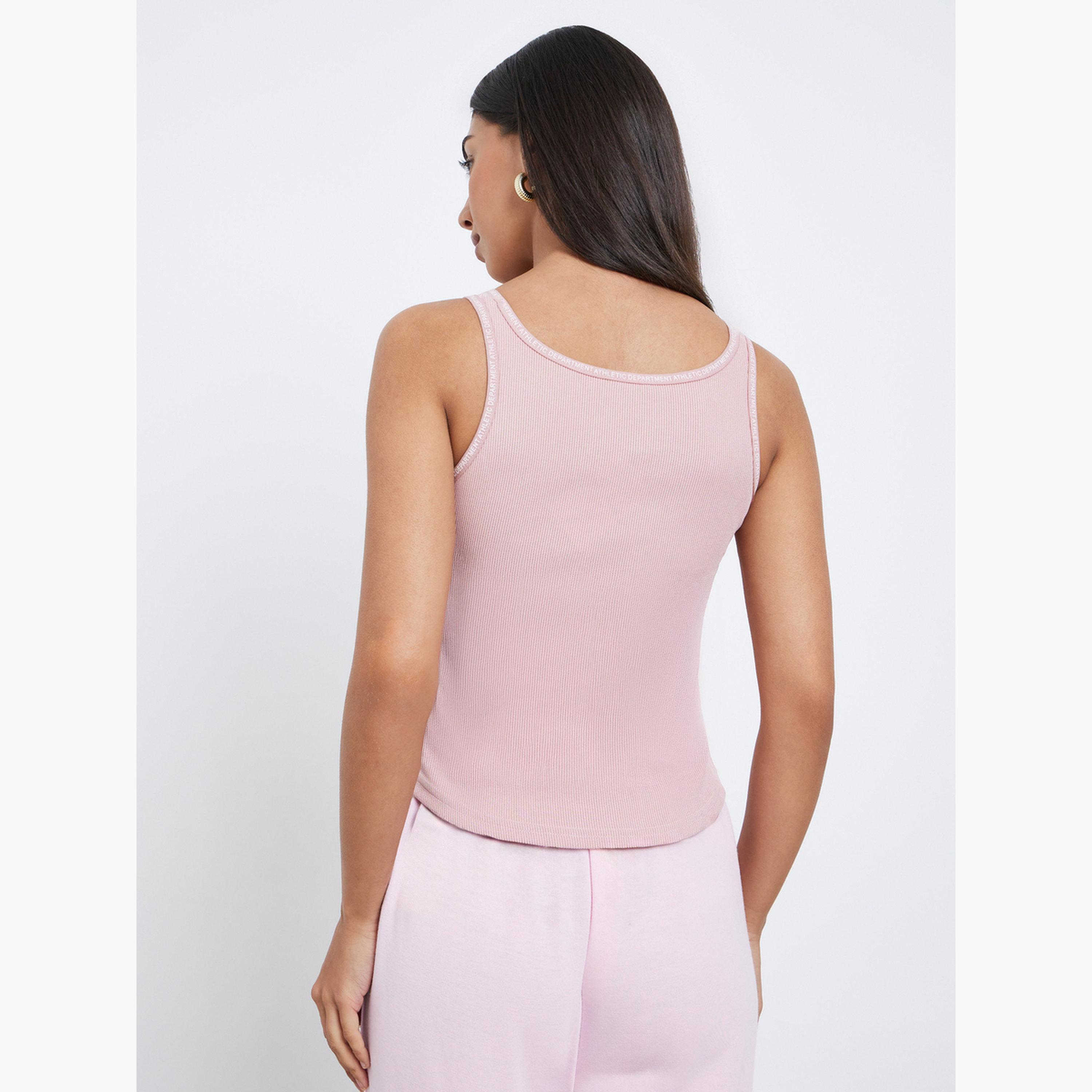 Styli Women Pink Slogan Binding Detail Ribbed Tank-women-clothing-tshirts-image-5