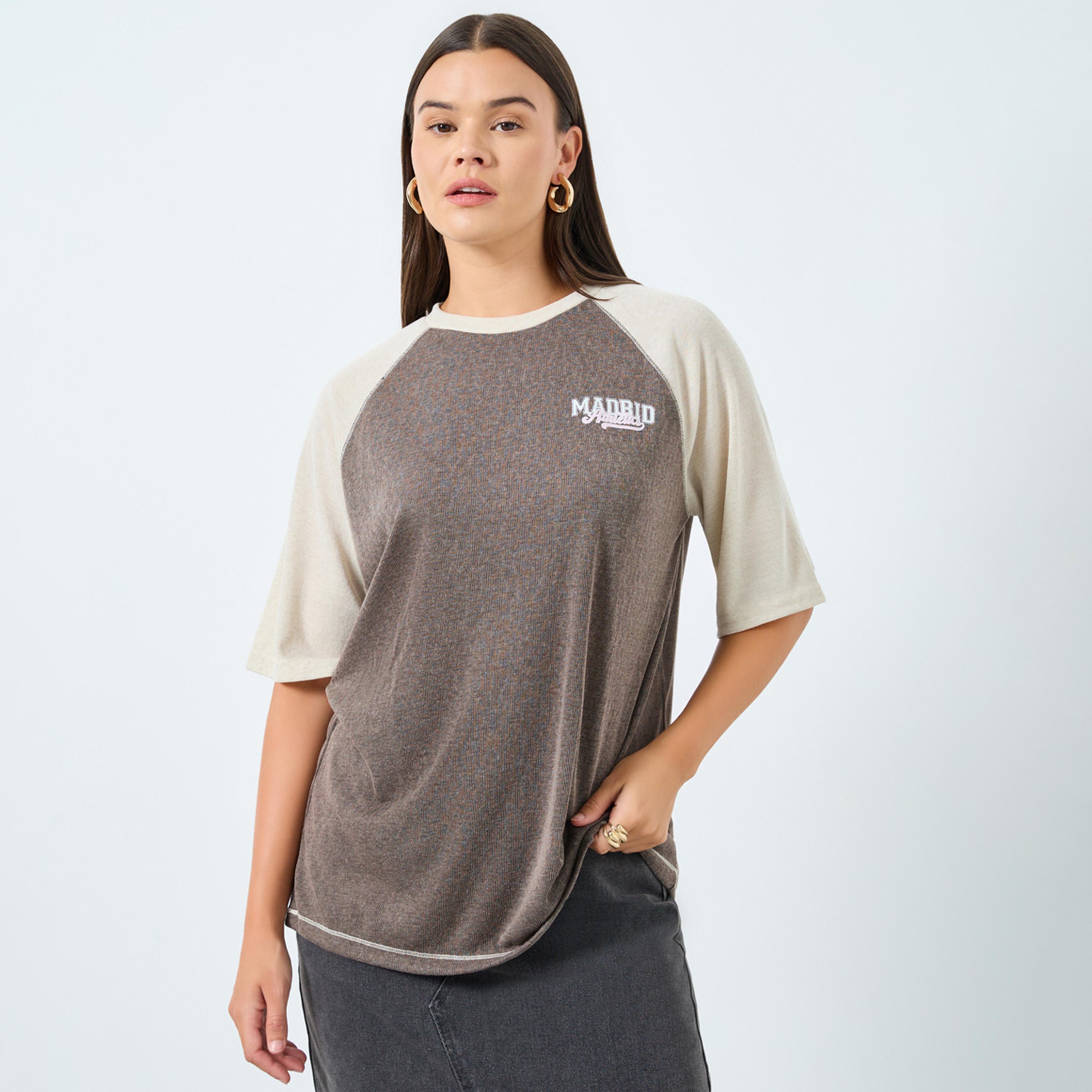 Styli Khaki Oversized Raglan Sleeve T-Shirt with Madrid - Athletics Print-women-clothing-tshirts-image-1