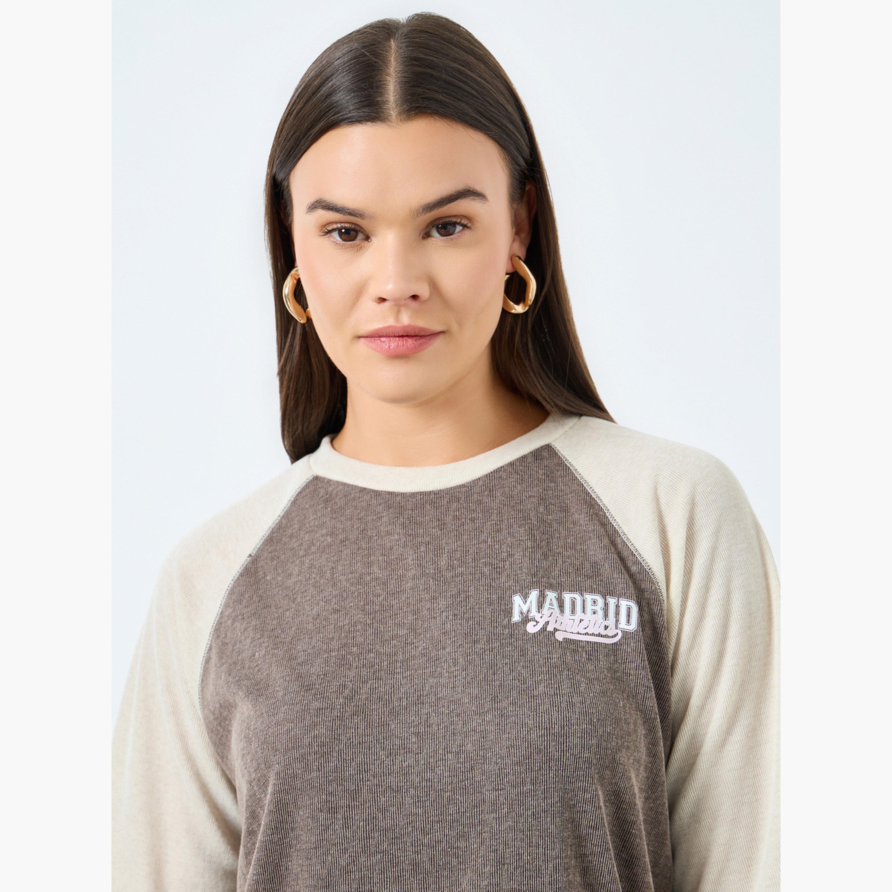 Styli Khaki Oversized Raglan Sleeve T-Shirt with Madrid - Athletics Print-women-clothing-tshirts-image-3