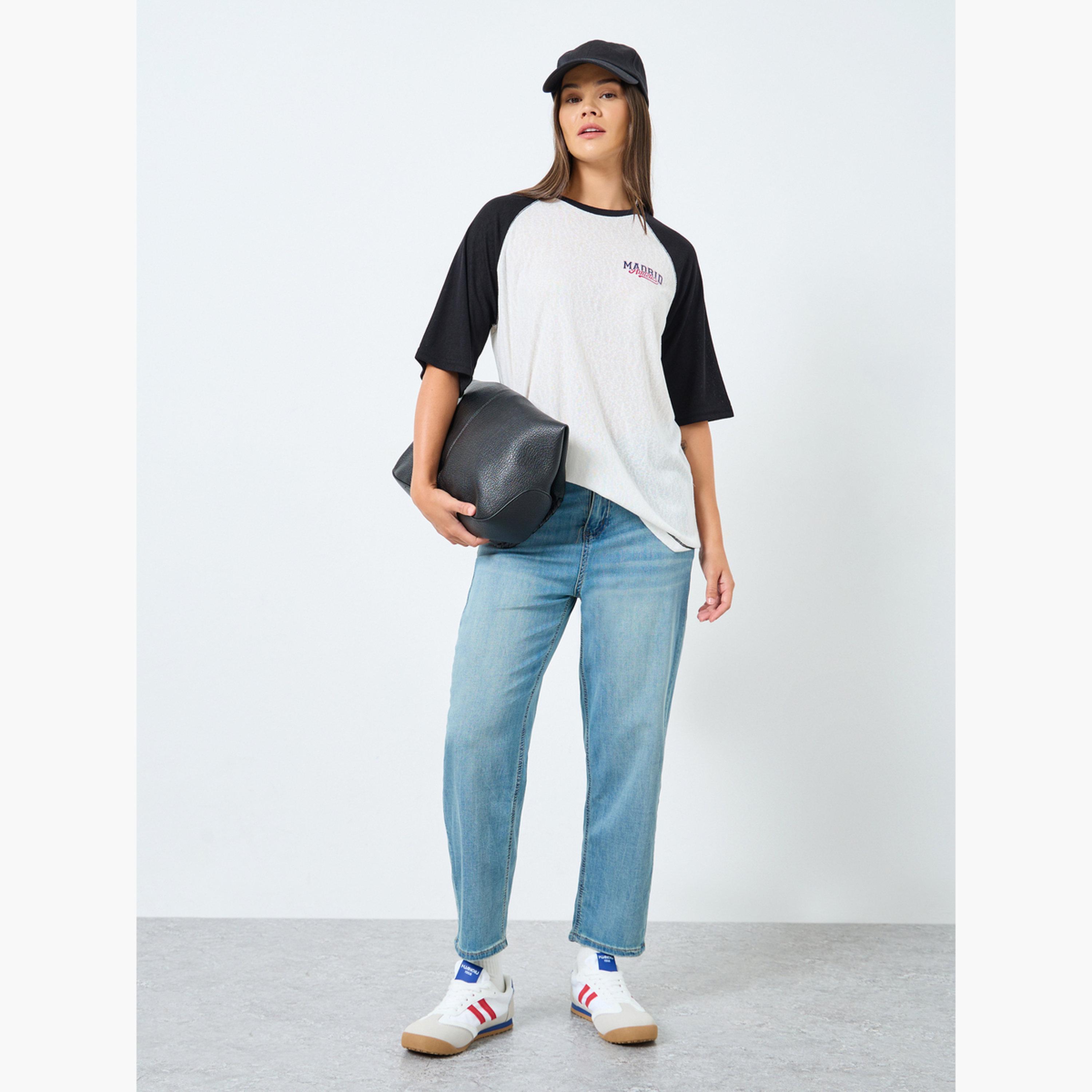 Styli White Oversized Raglan Sleeve T-Shirt with Madrid - Athletics Print-women-clothing-tshirts-image-2