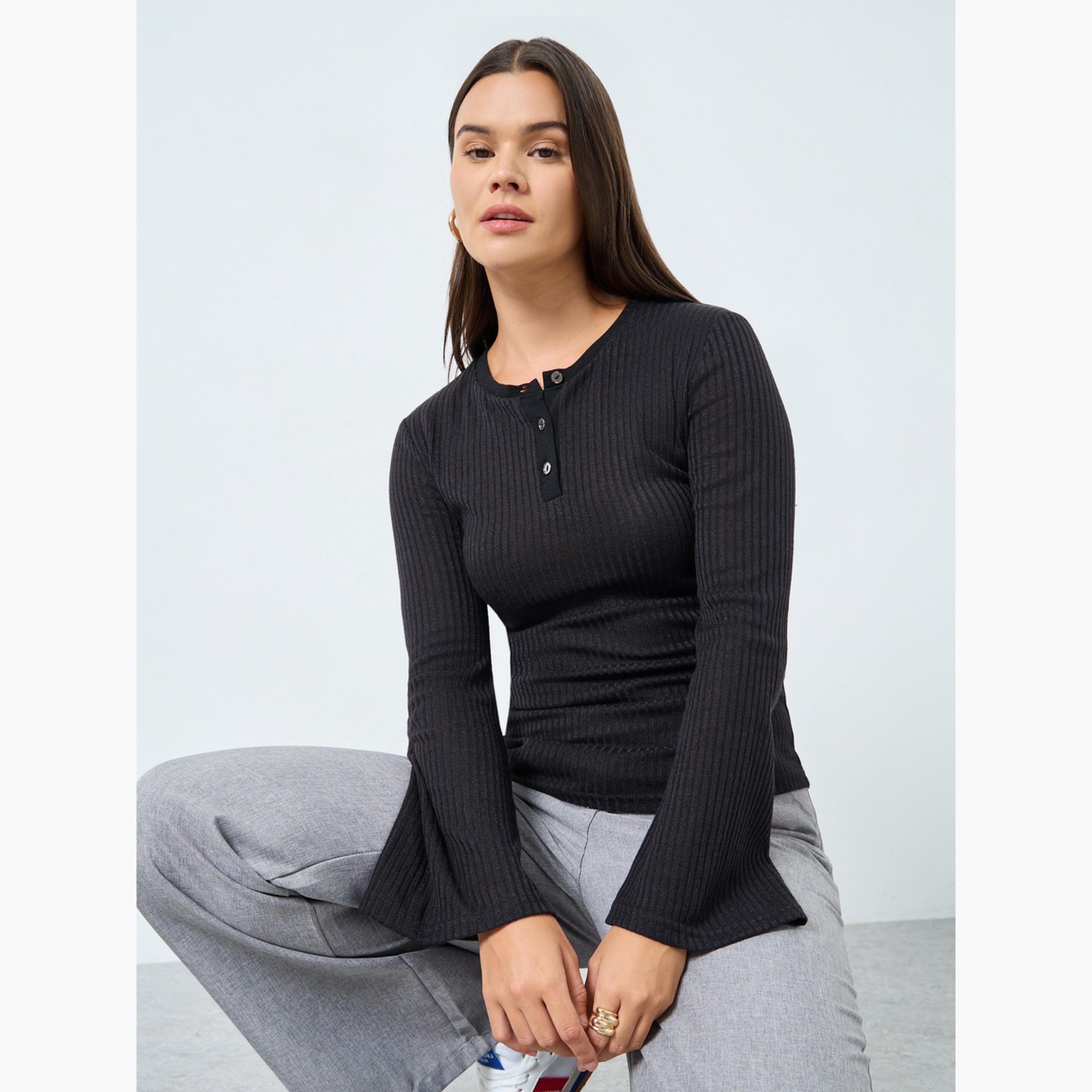 Styli Black Textured Knit Henley Neck Fitted T-Shirt-women-clothing-tshirts-image-1