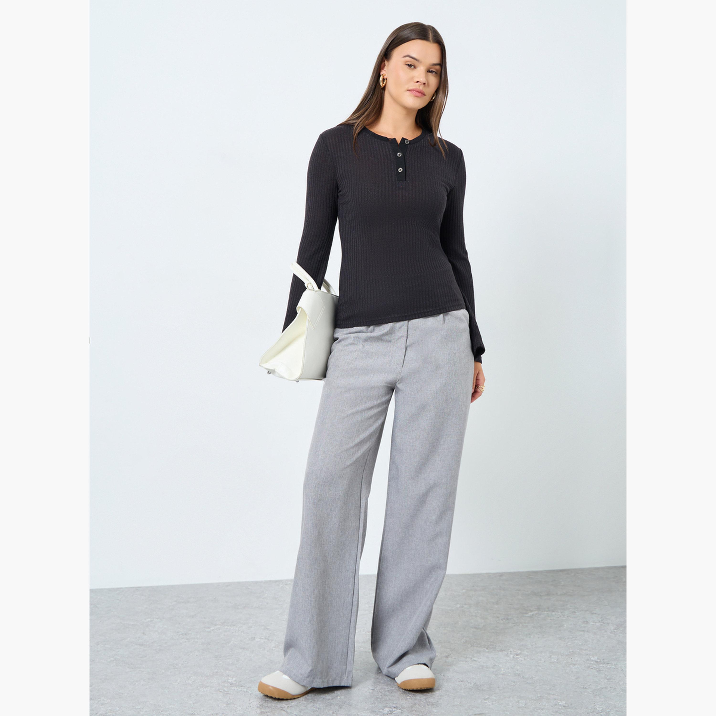 Styli Black Textured Knit Henley Neck Fitted T-Shirt-women-clothing-tshirts-image-2