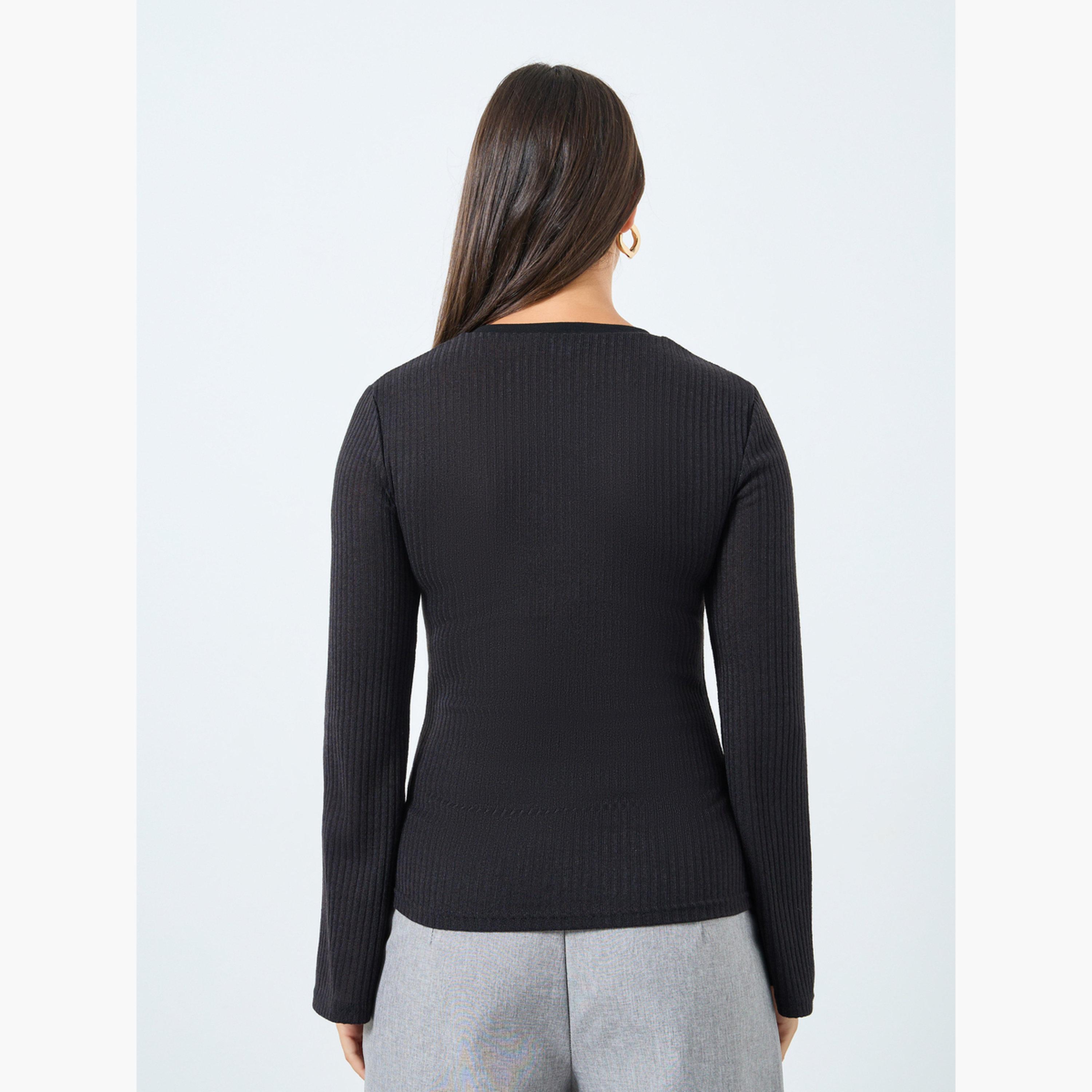Styli Black Textured Knit Henley Neck Fitted T-Shirt-women-clothing-tshirts-image-4