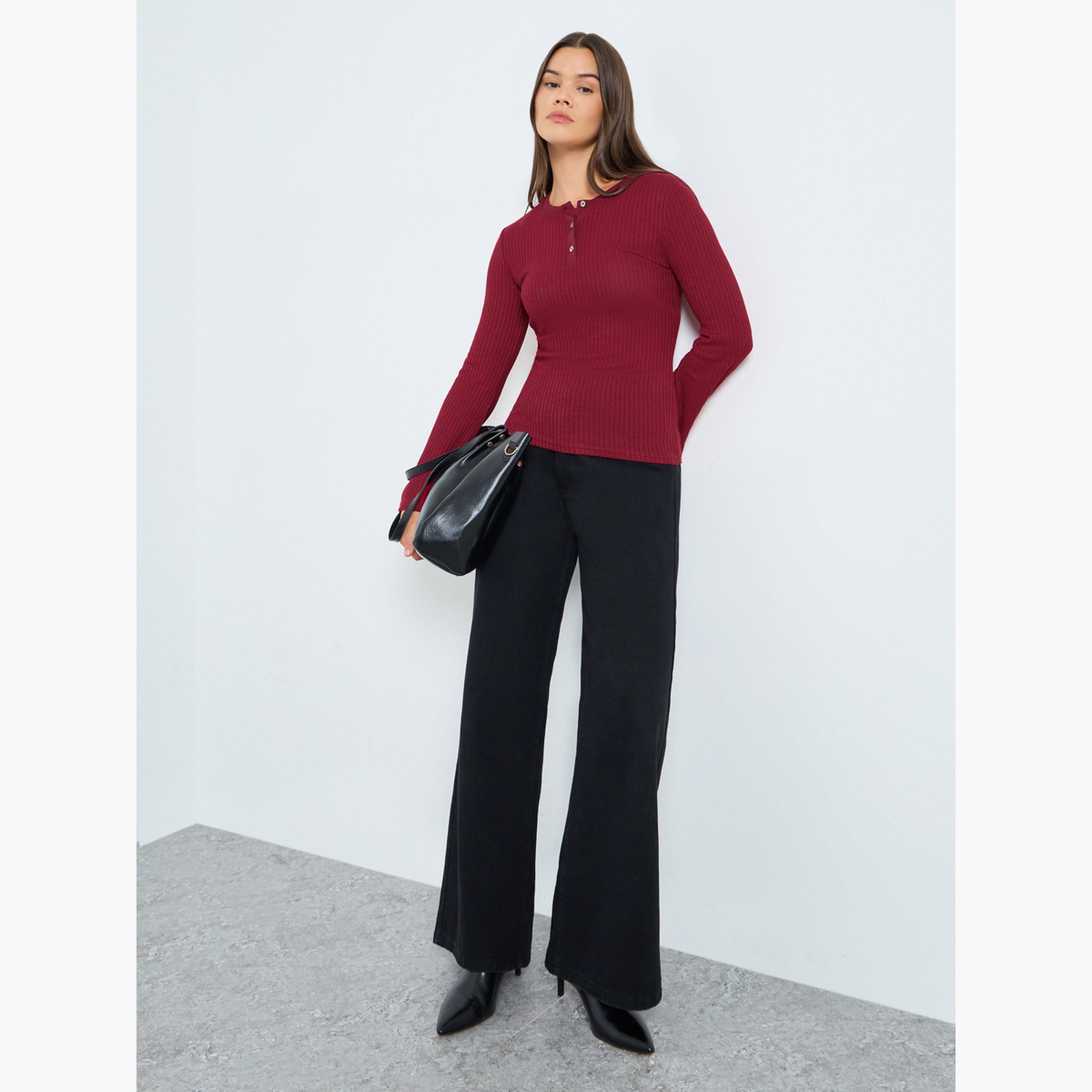 Styli Red Textured Knit Henley Neck Fitted T-Shirt-women-clothing-tshirts-image-2