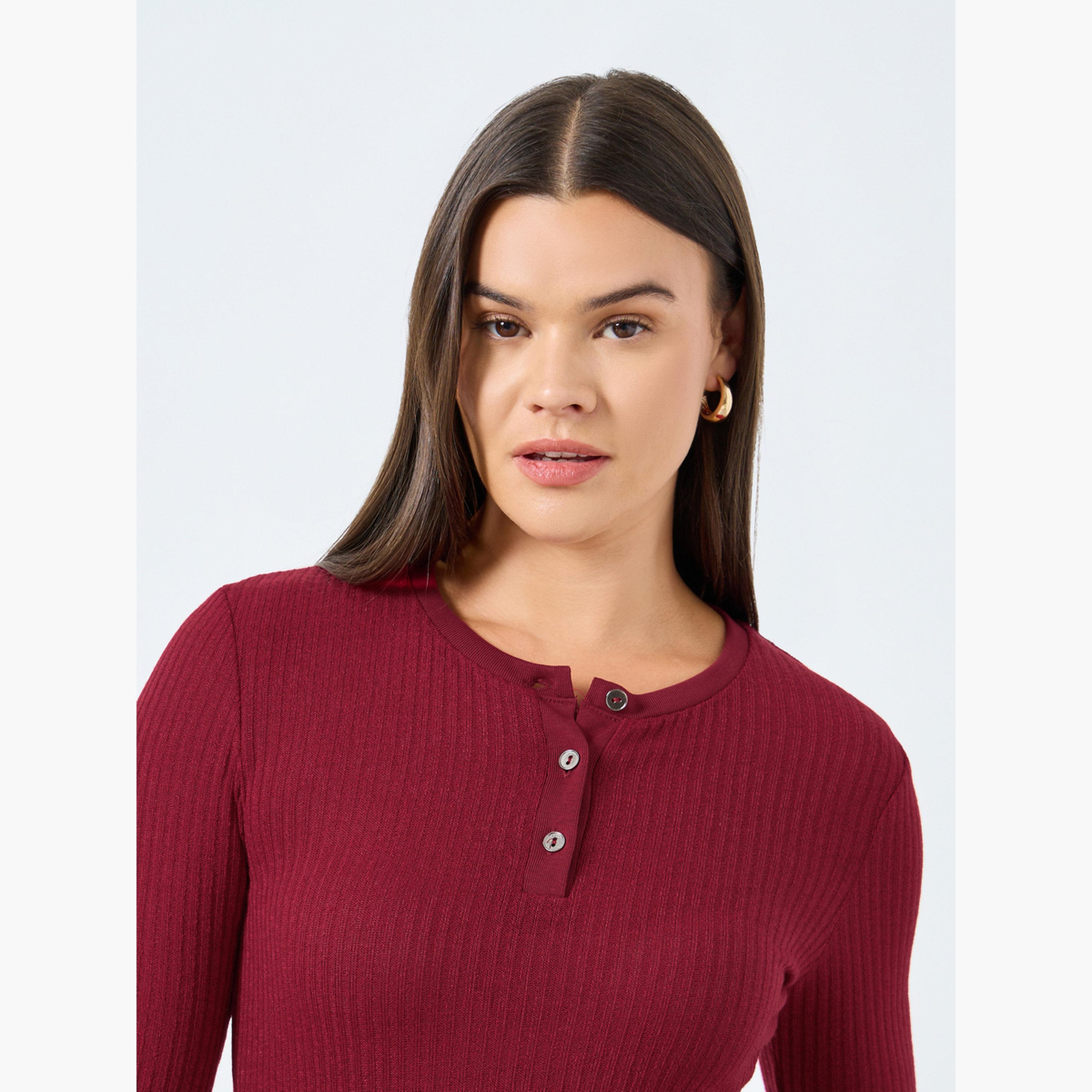 Styli Red Textured Knit Henley Neck Fitted T-Shirt-women-clothing-tshirts-image-3