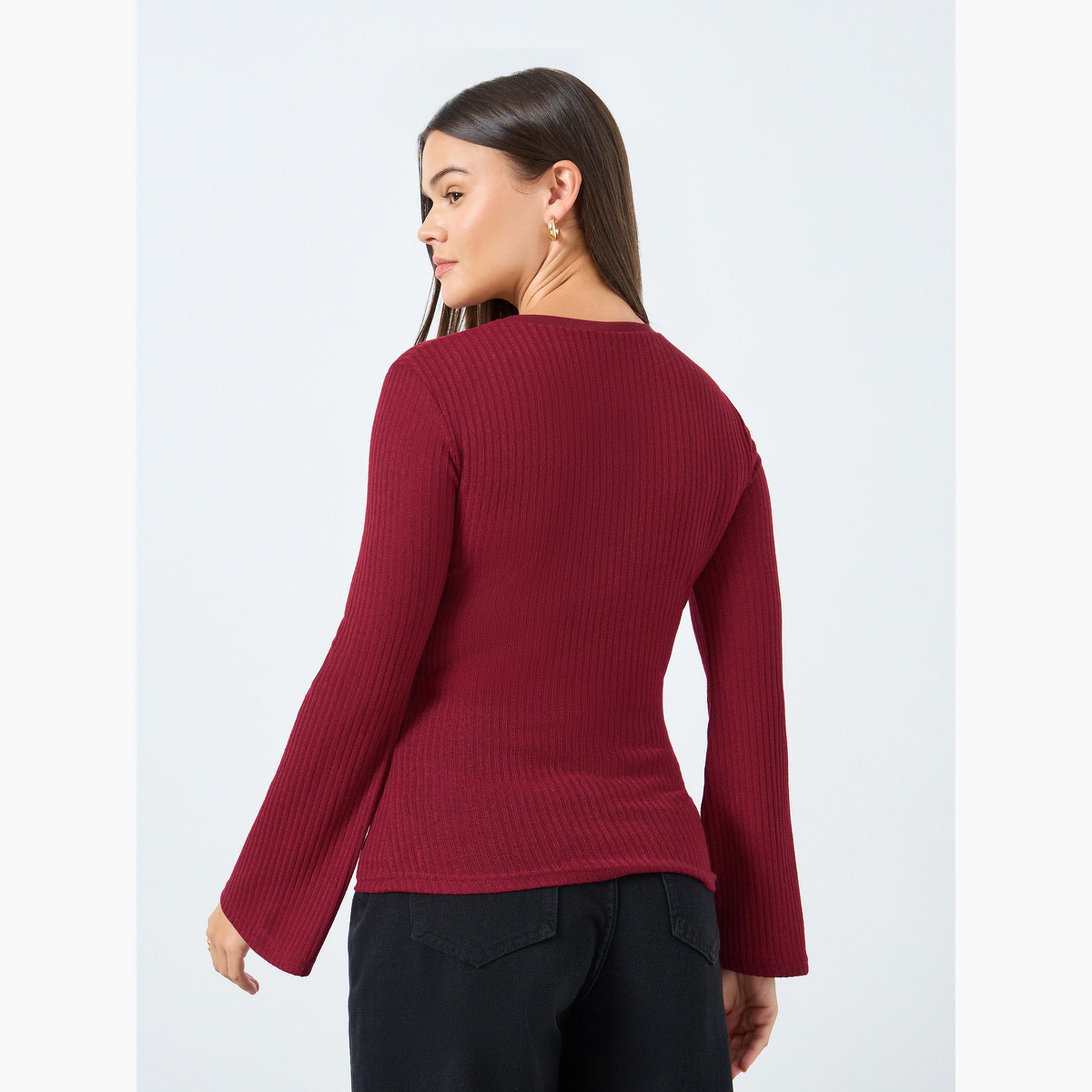 ستايلي - تي شيرت أحمر محبوك بياقة هنلي ومناسب-women-clothing-tshirts-image-4