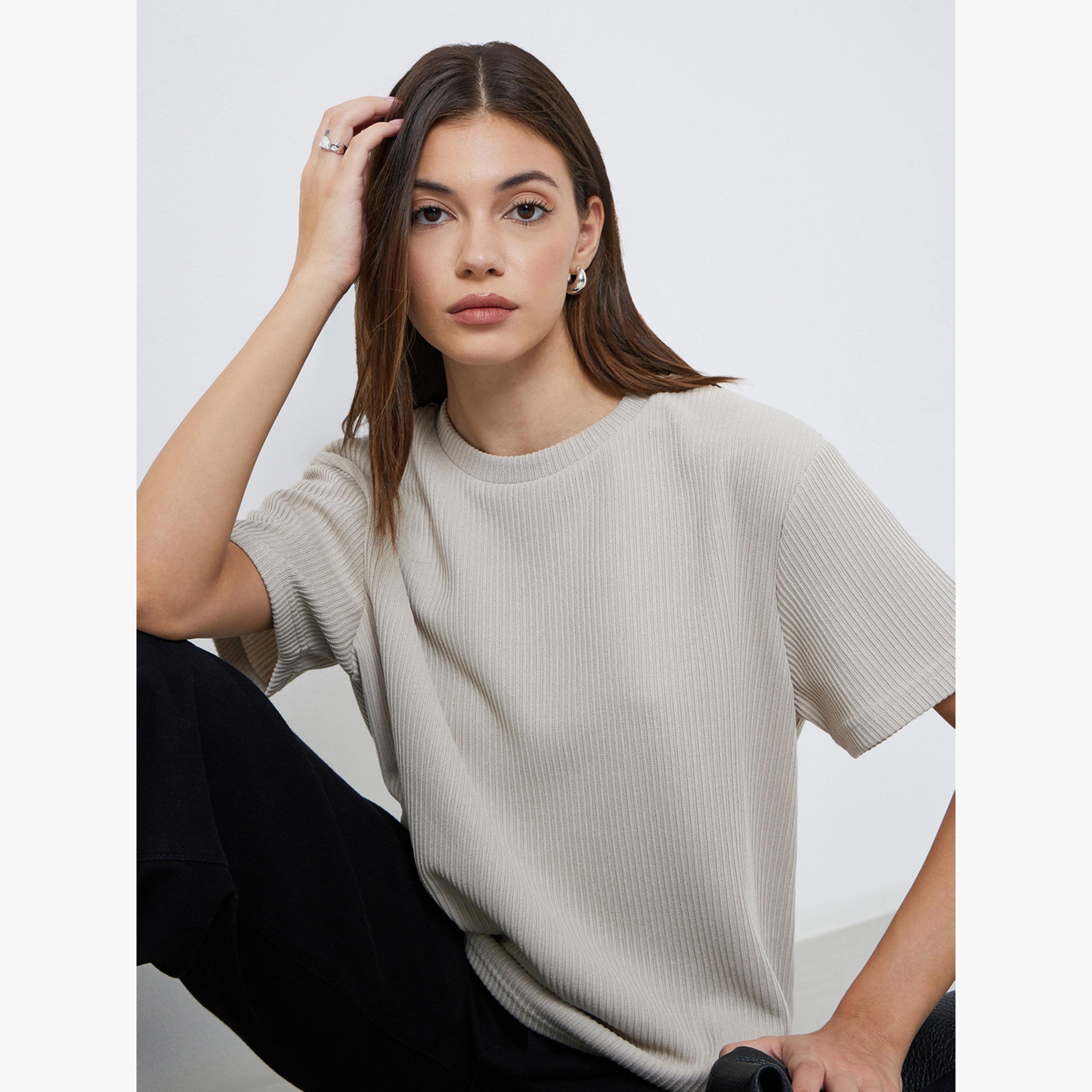 Styli Grey Flat Knit Round Neck T-Shirt-women-clothing-tshirts-image-3