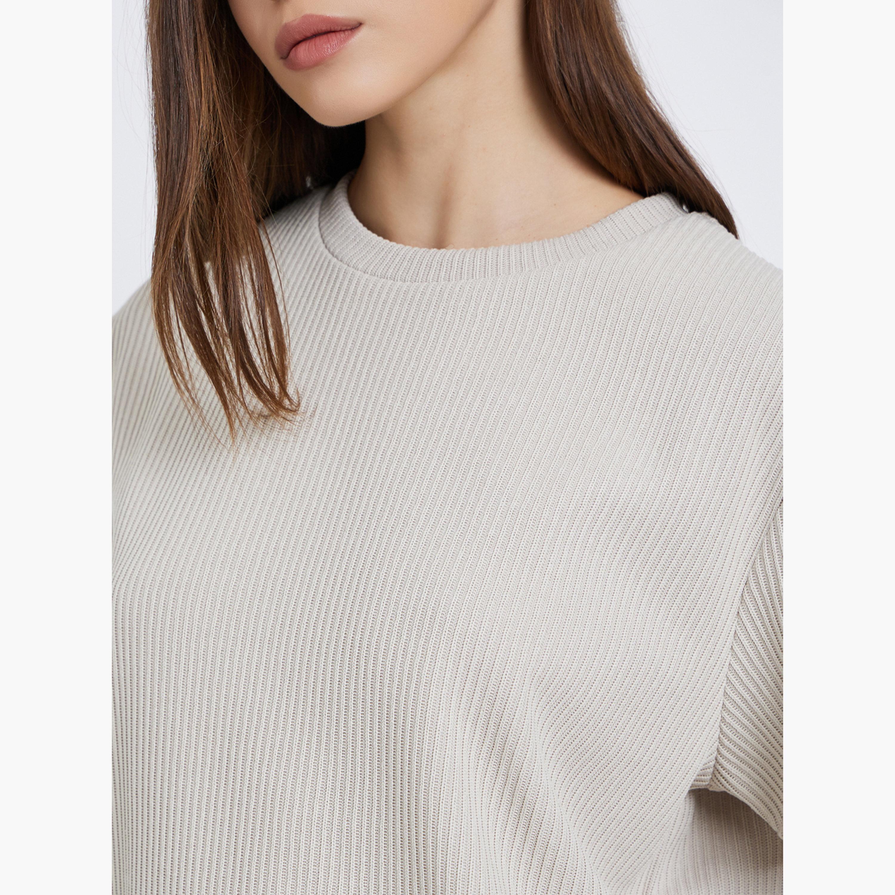 Styli Grey Flat Knit Round Neck T-Shirt-women-clothing-tshirts-image-4