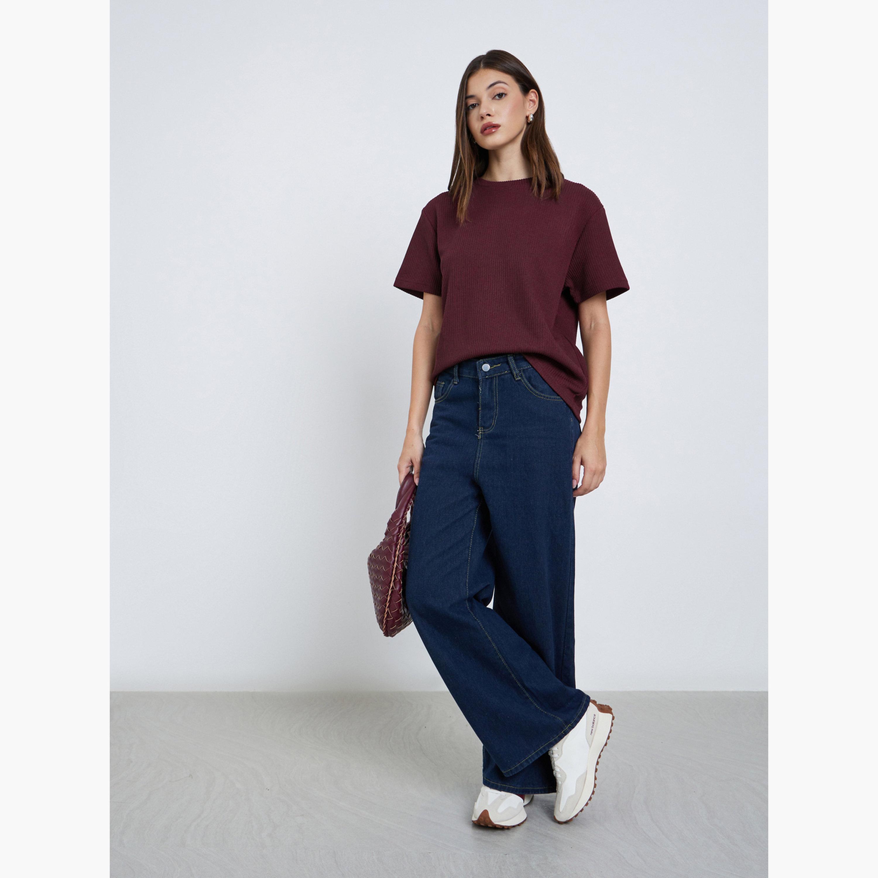 Styli Burgundy Flat Knit Round Neck T-Shirt-women-clothing-tshirts-image-2