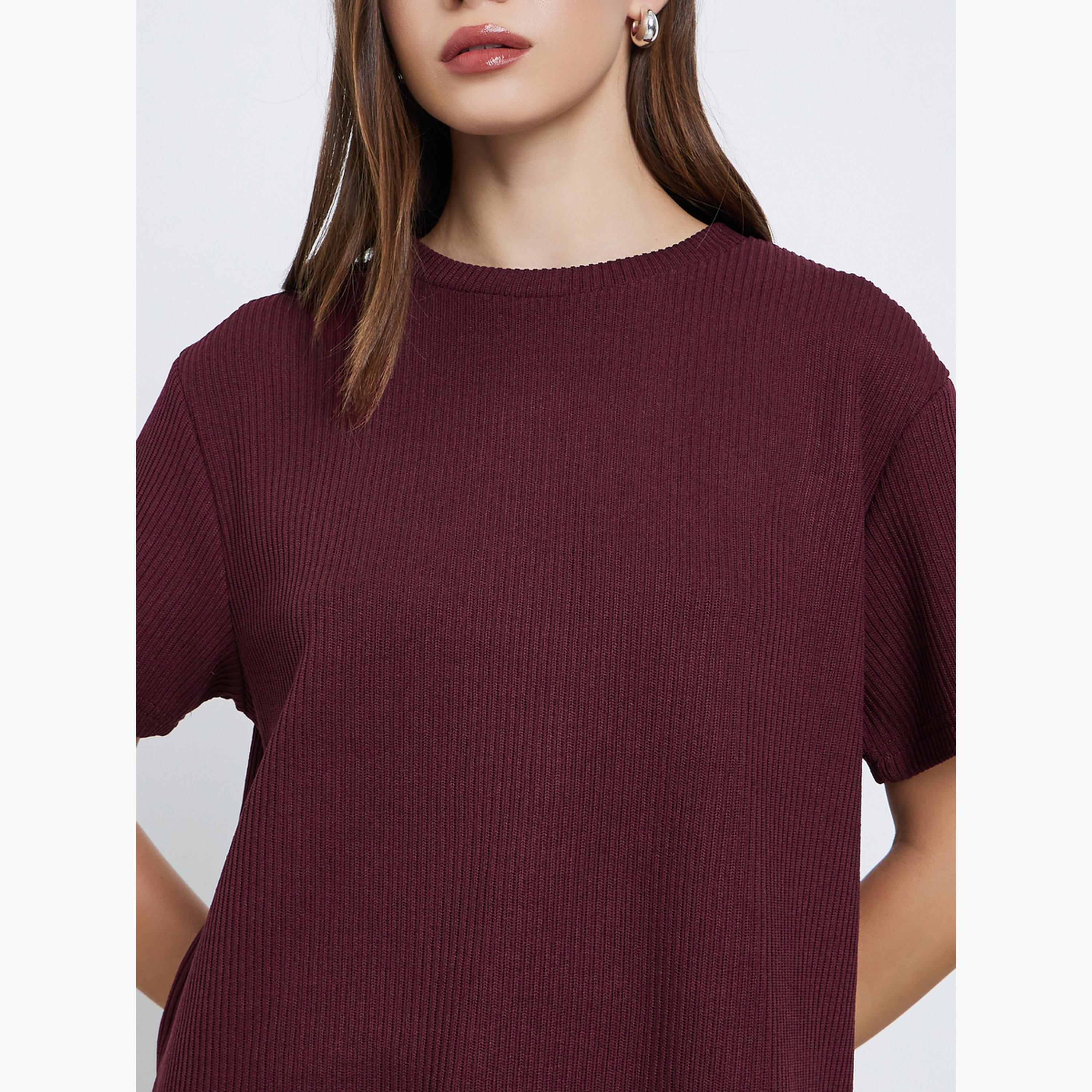 Styli Burgundy Flat Knit Round Neck T-Shirt-women-clothing-tshirts-image-3