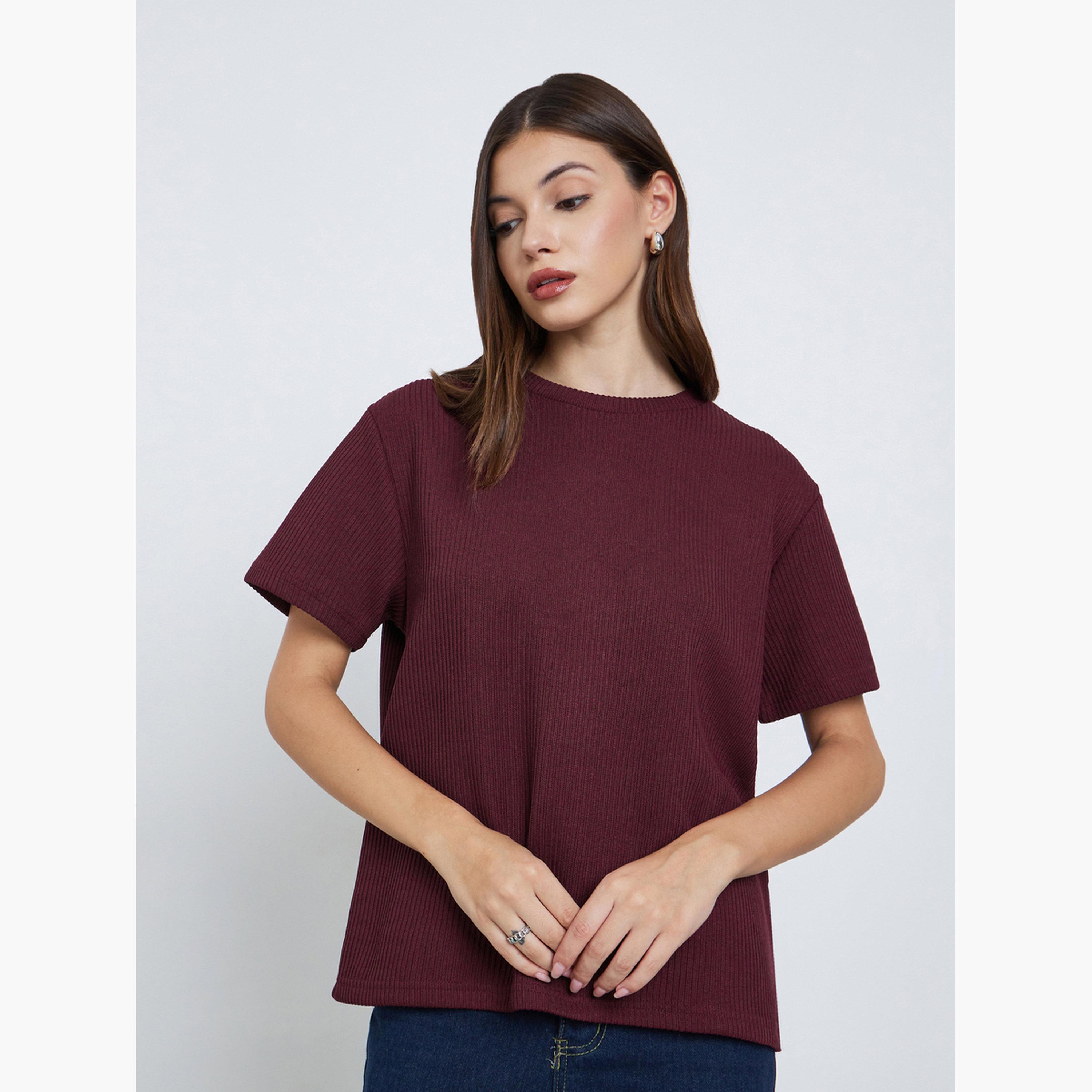 Styli Burgundy Flat Knit Round Neck T-Shirt-women-clothing-tshirts-image-4