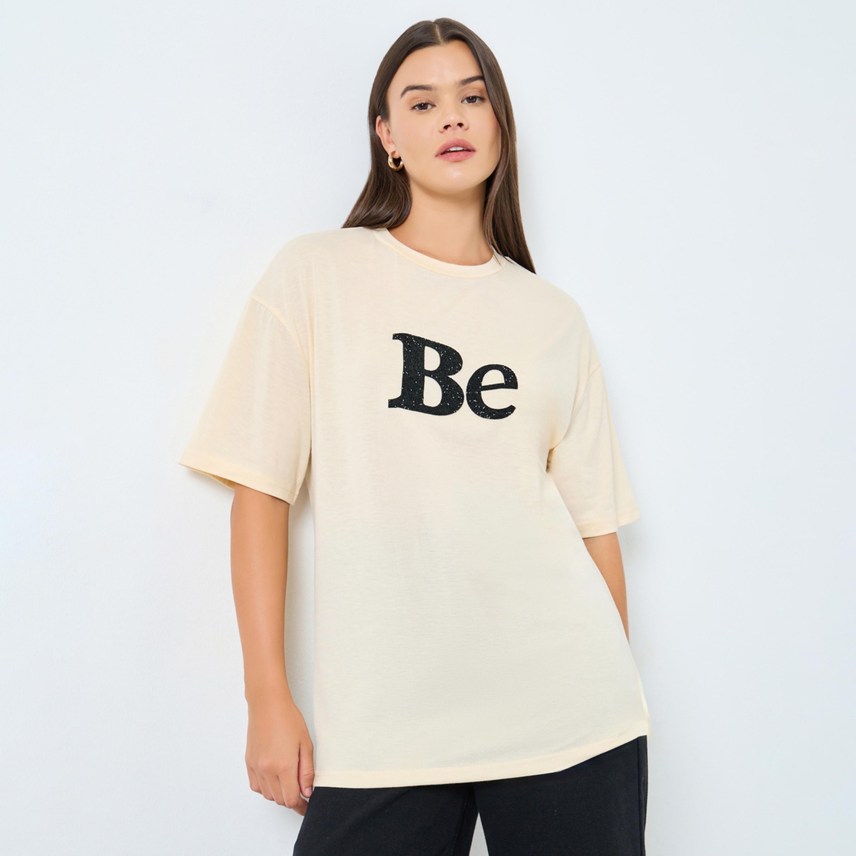 Styli Beige Oversized Embellished Slogan T-Shirt-women-clothing-tshirts-image-1