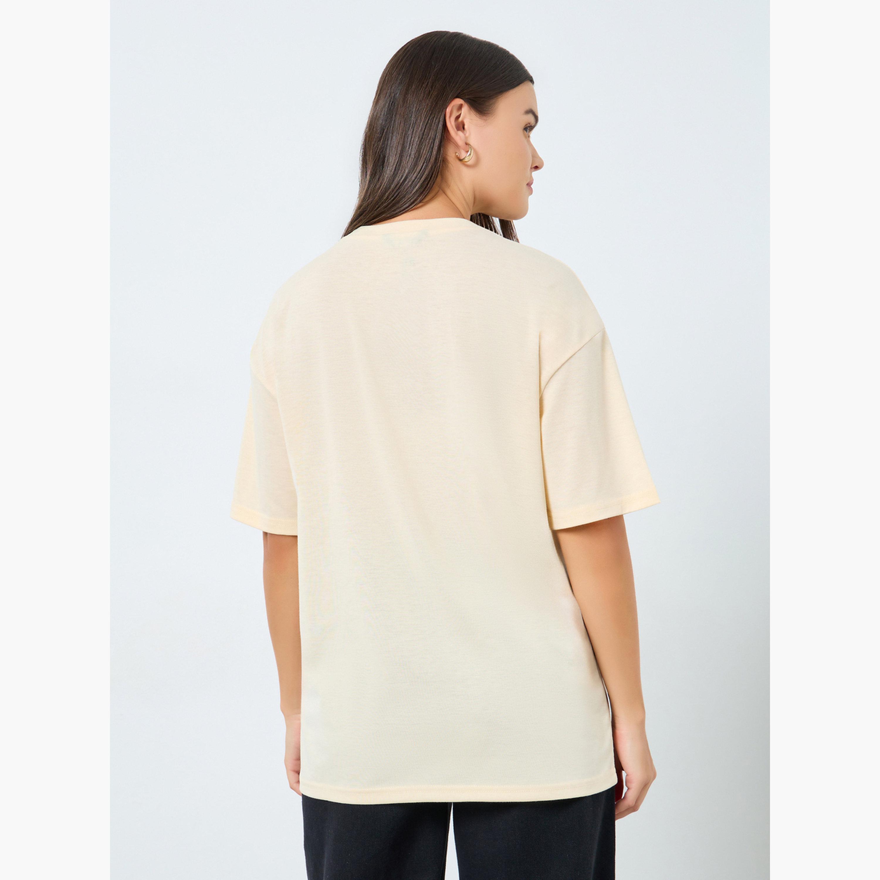 Styli Beige Oversized Embellished Slogan T-Shirt-women-clothing-tshirts-image-4
