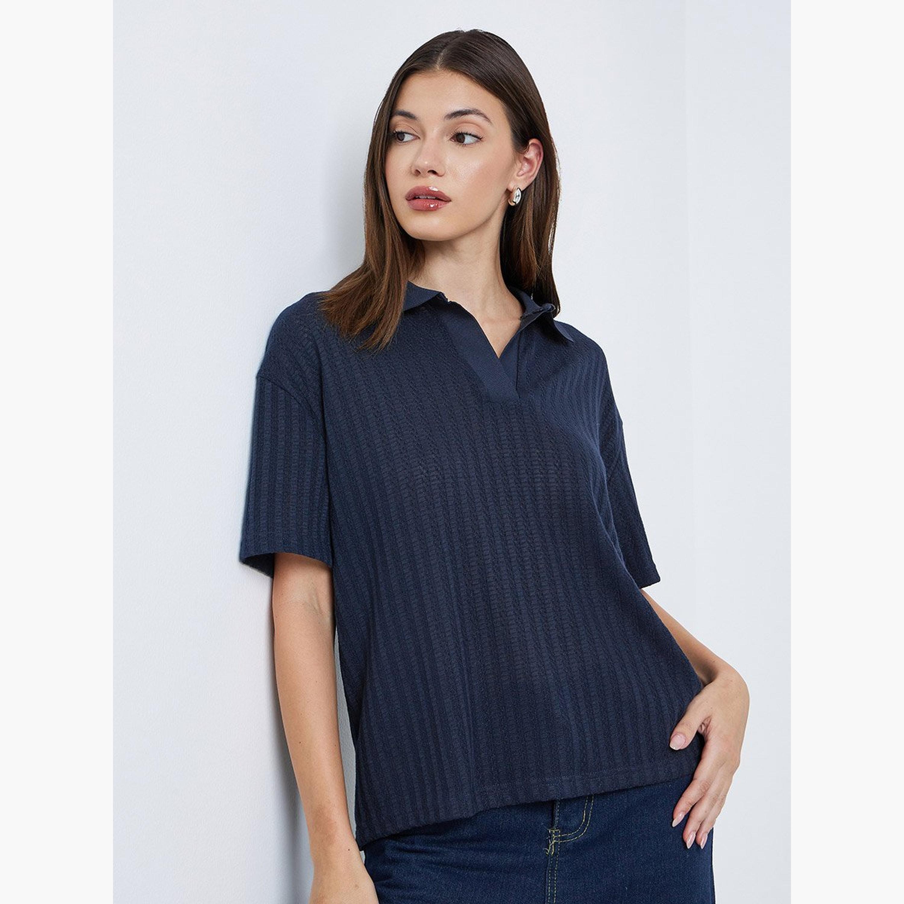 ستايلي - تي شيرت بولو محبوك لون أزرق الداكن-women-clothing-tshirts-image-1