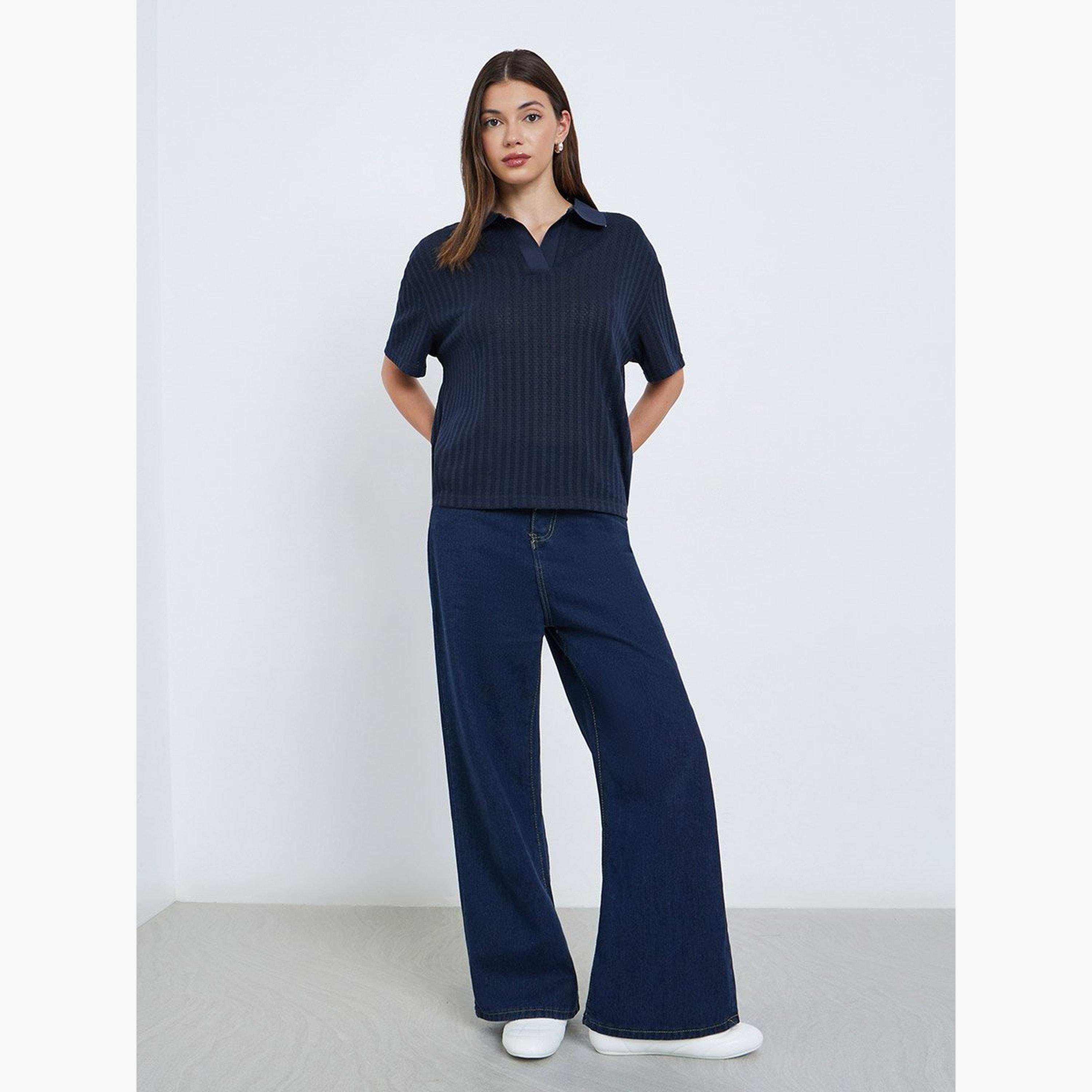 Styli Navy Blue Textured Knit Polo T-Shirt-women-clothing-tshirts-image-2