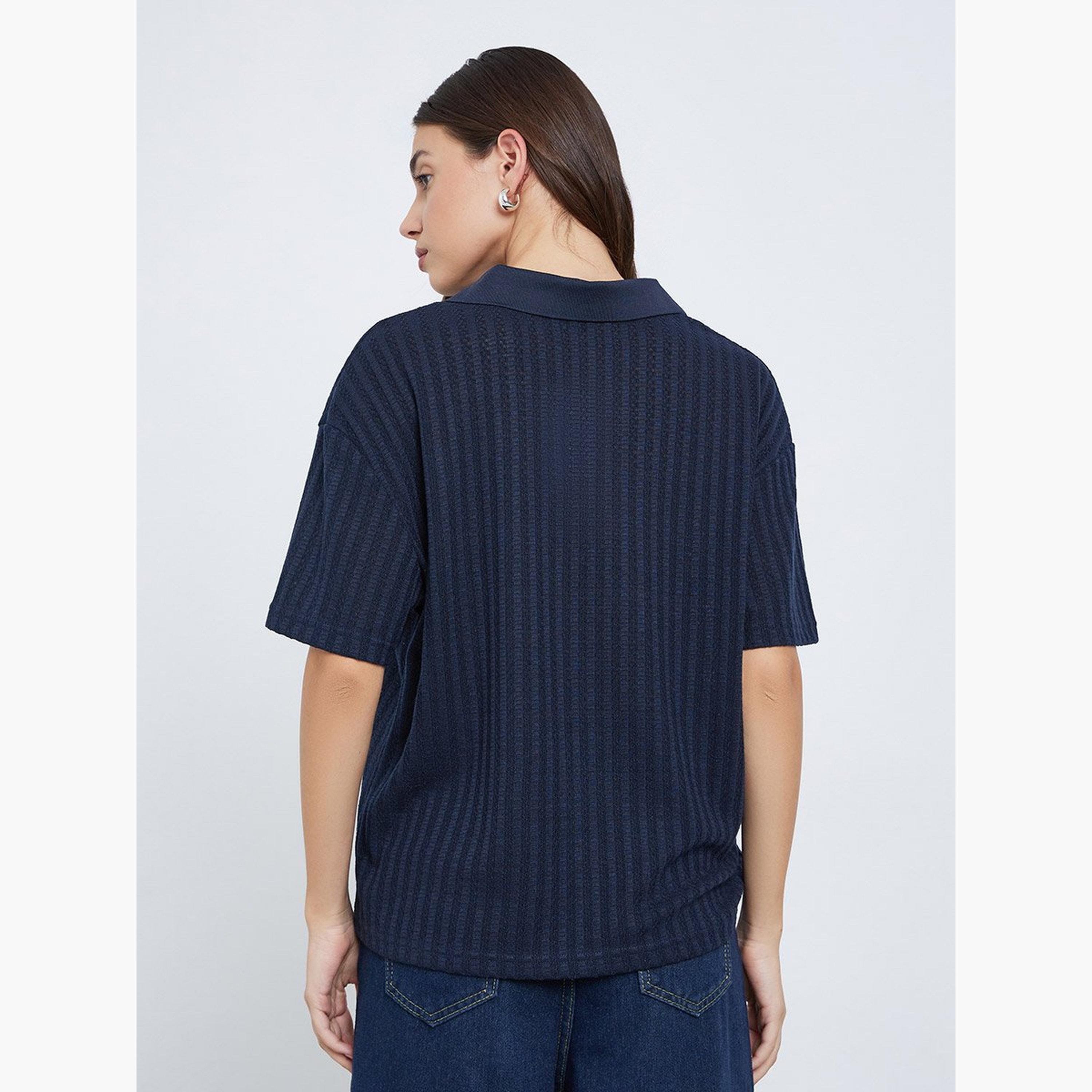 ستايلي - تي شيرت بولو محبوك لون أزرق الداكن-women-clothing-tshirts-image-4