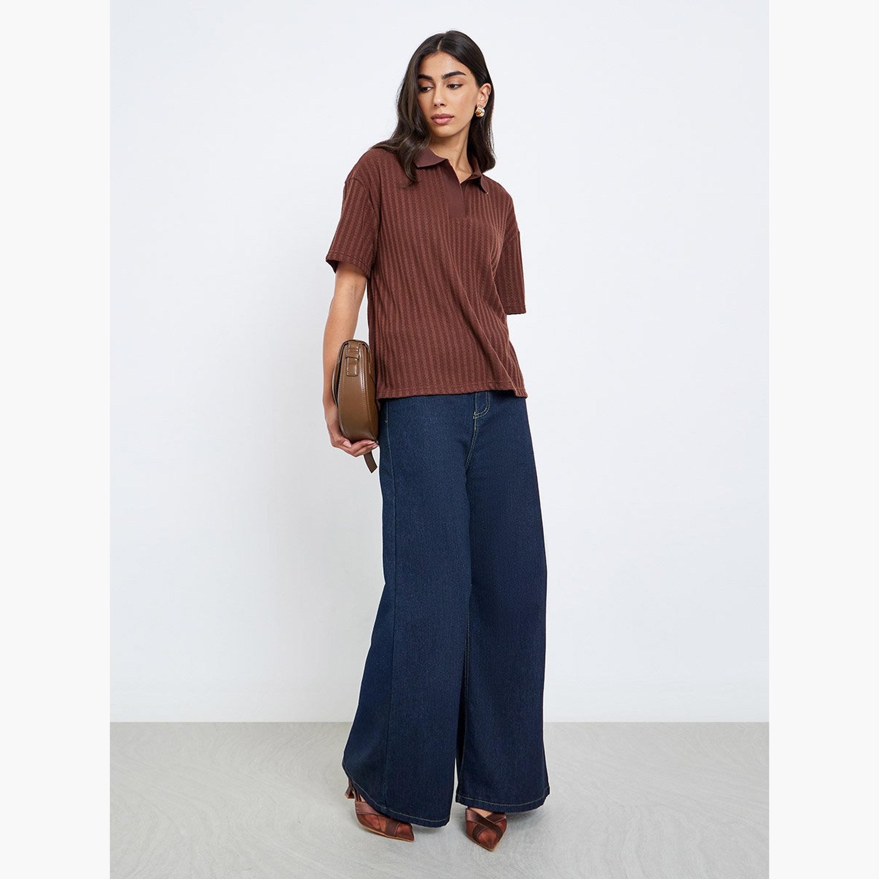 Styli Brown Textured Knit Polo T-Shirt-women-clothing-tshirts-image-1