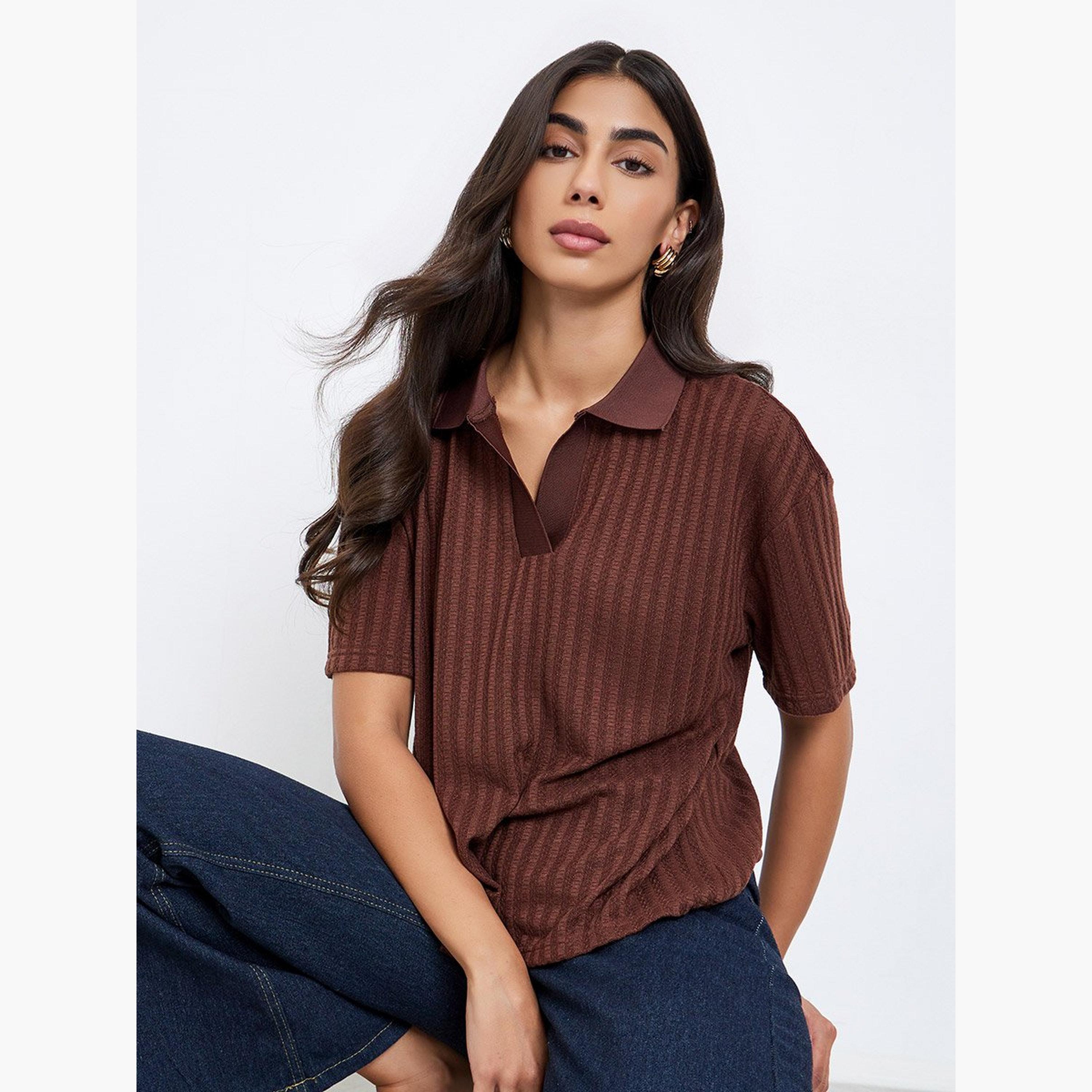 Styli Brown Textured Knit Polo T-Shirt-women-clothing-tshirts-image-2