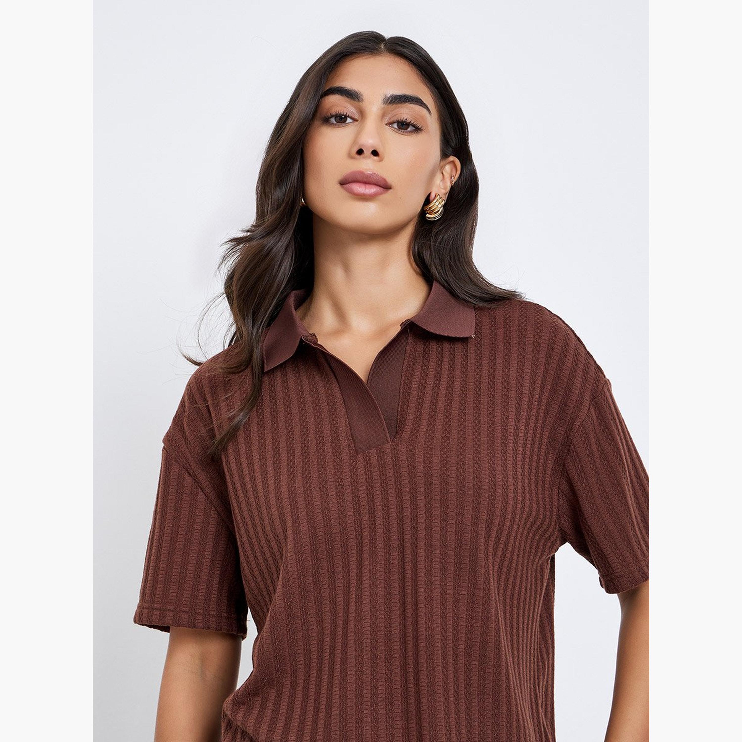 Styli Brown Textured Knit Polo T-Shirt-women-clothing-tshirts-image-3