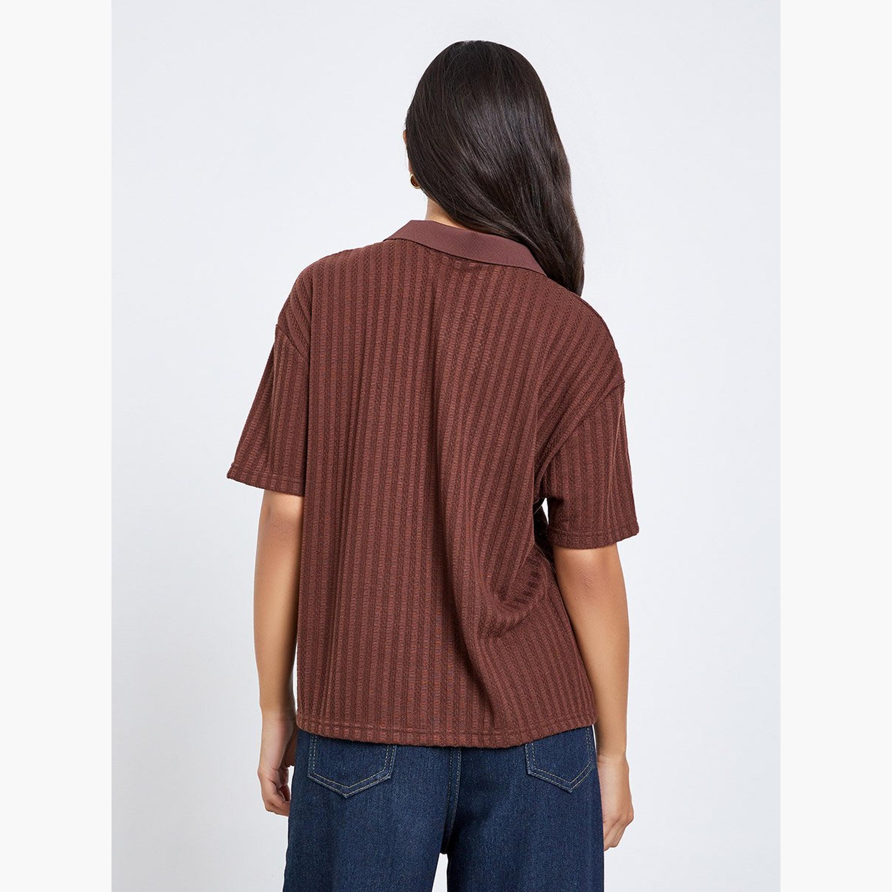 Styli Brown Textured Knit Polo T-Shirt-women-clothing-tshirts-image-4