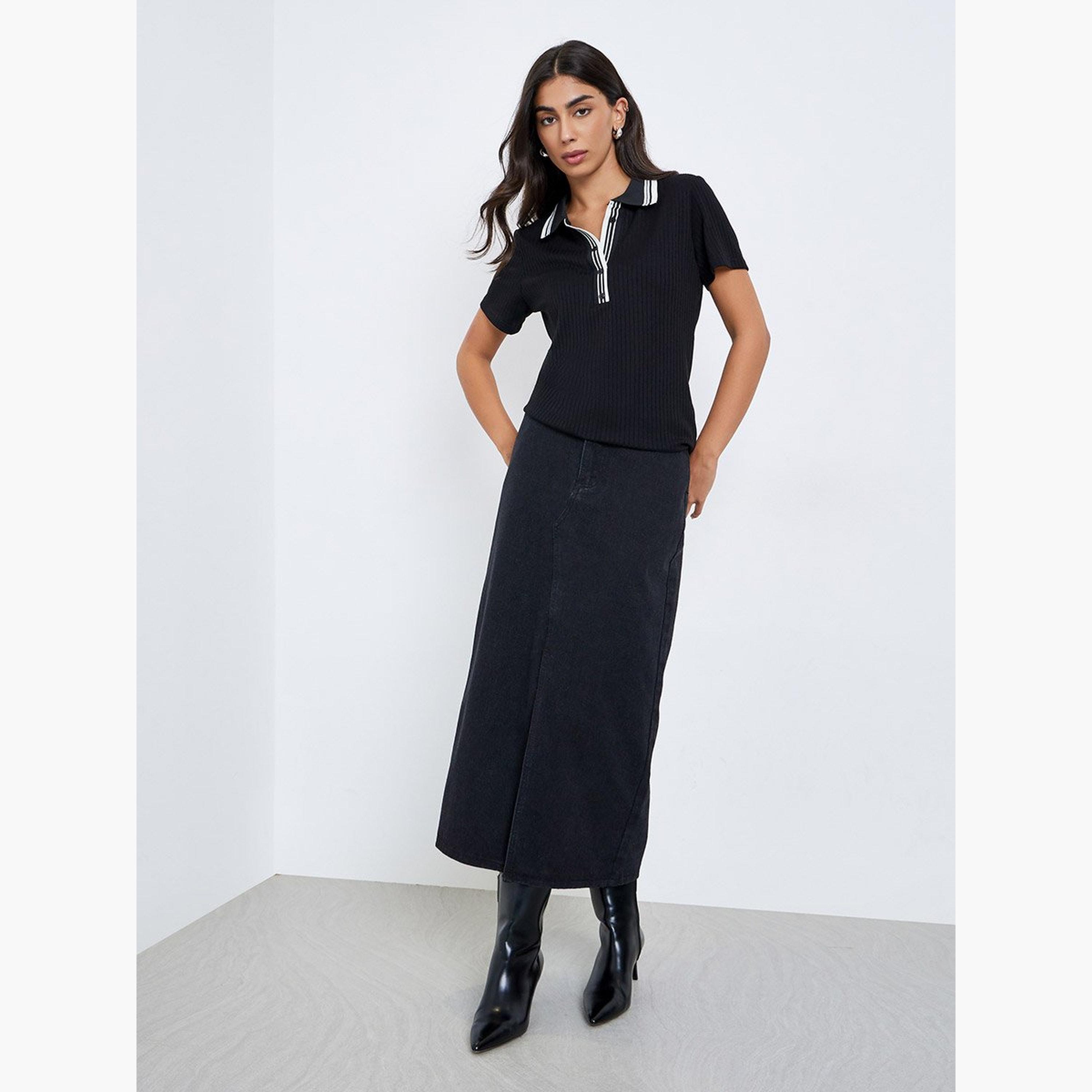 Styli Black Rib Knit Polo T-Shirt-women-clothing-tshirts-image-1