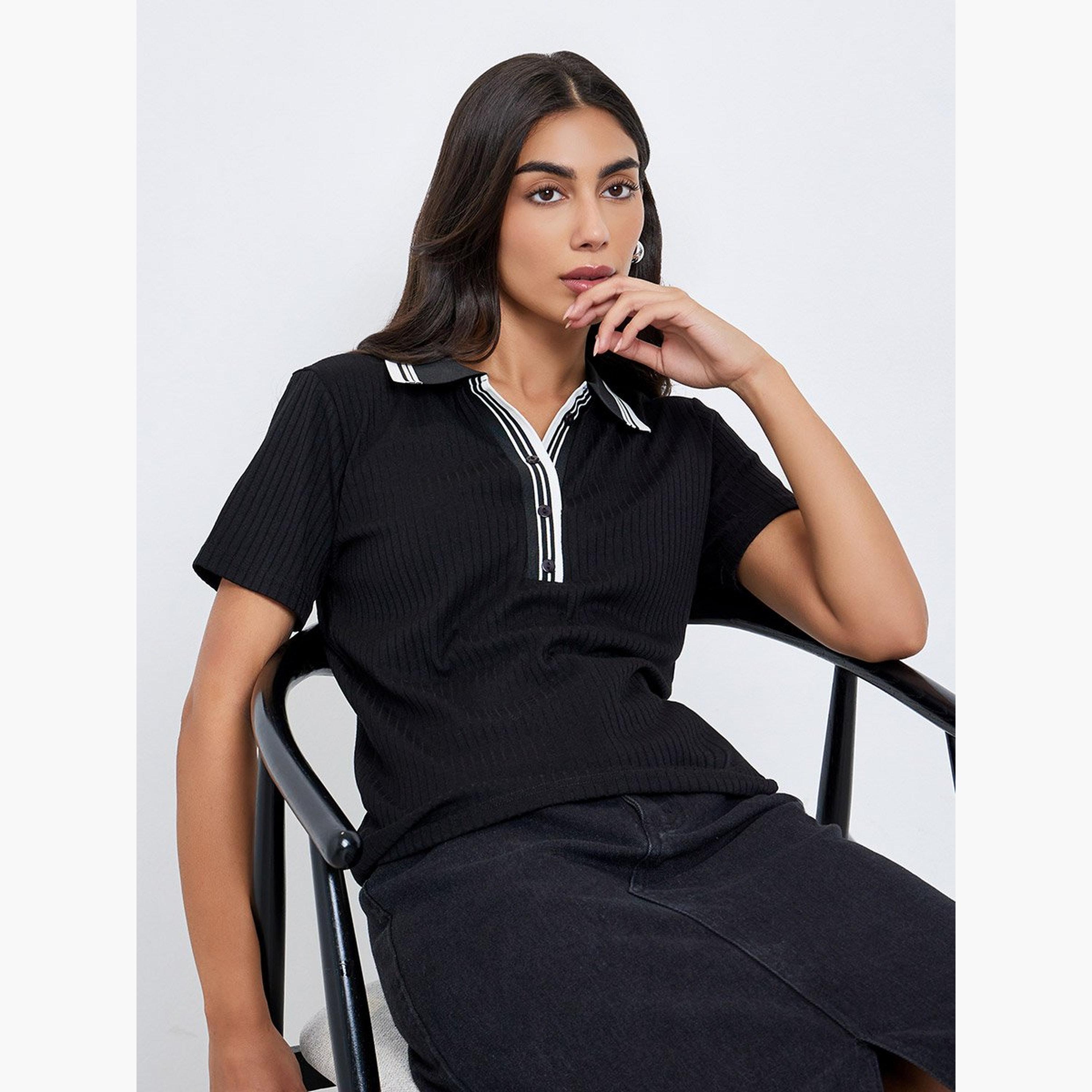 Styli Black Rib Knit Polo T-Shirt-women-clothing-tshirts-image-2