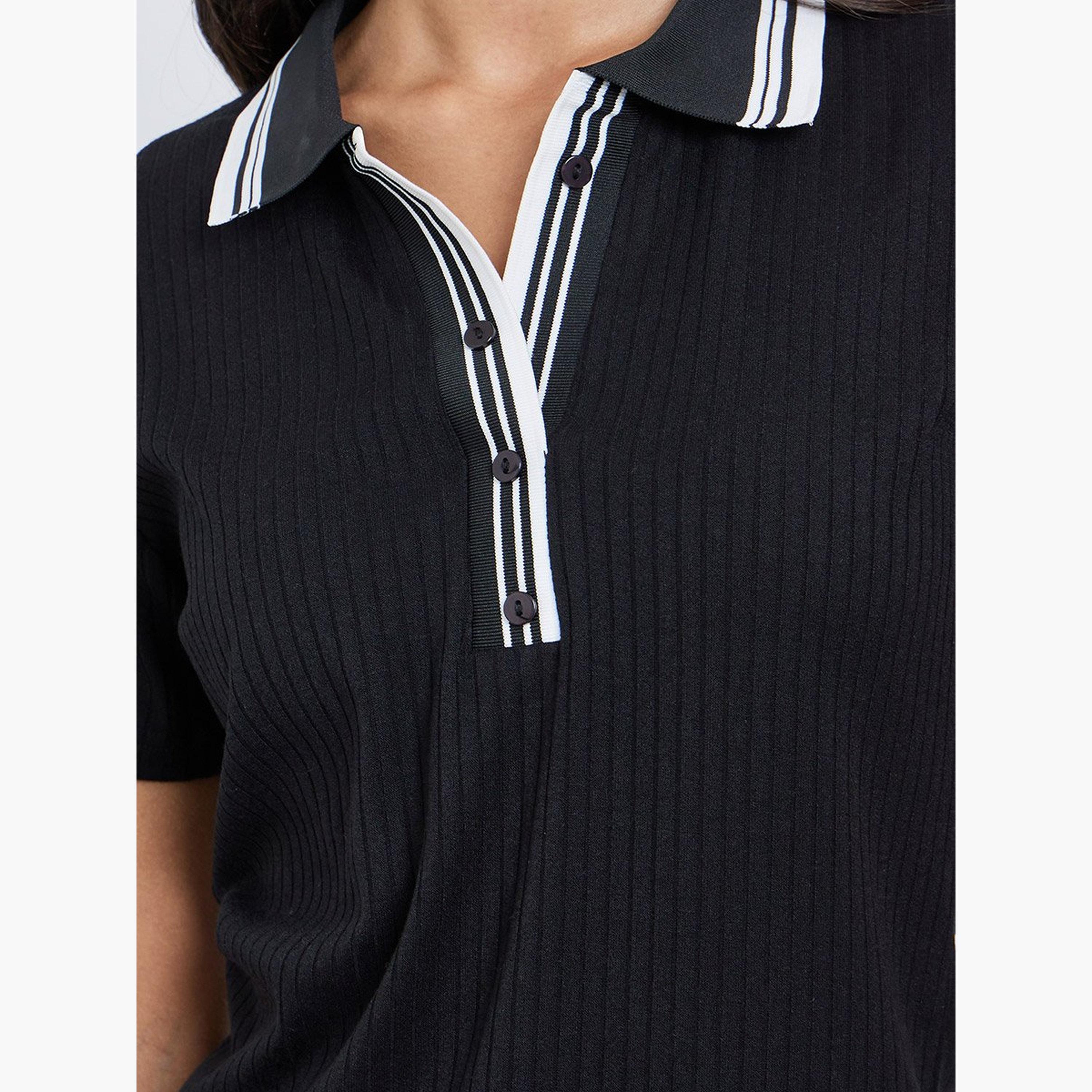 ستايلي - تي شيرت بولو أسود محبوك-women-clothing-tshirts-image-3