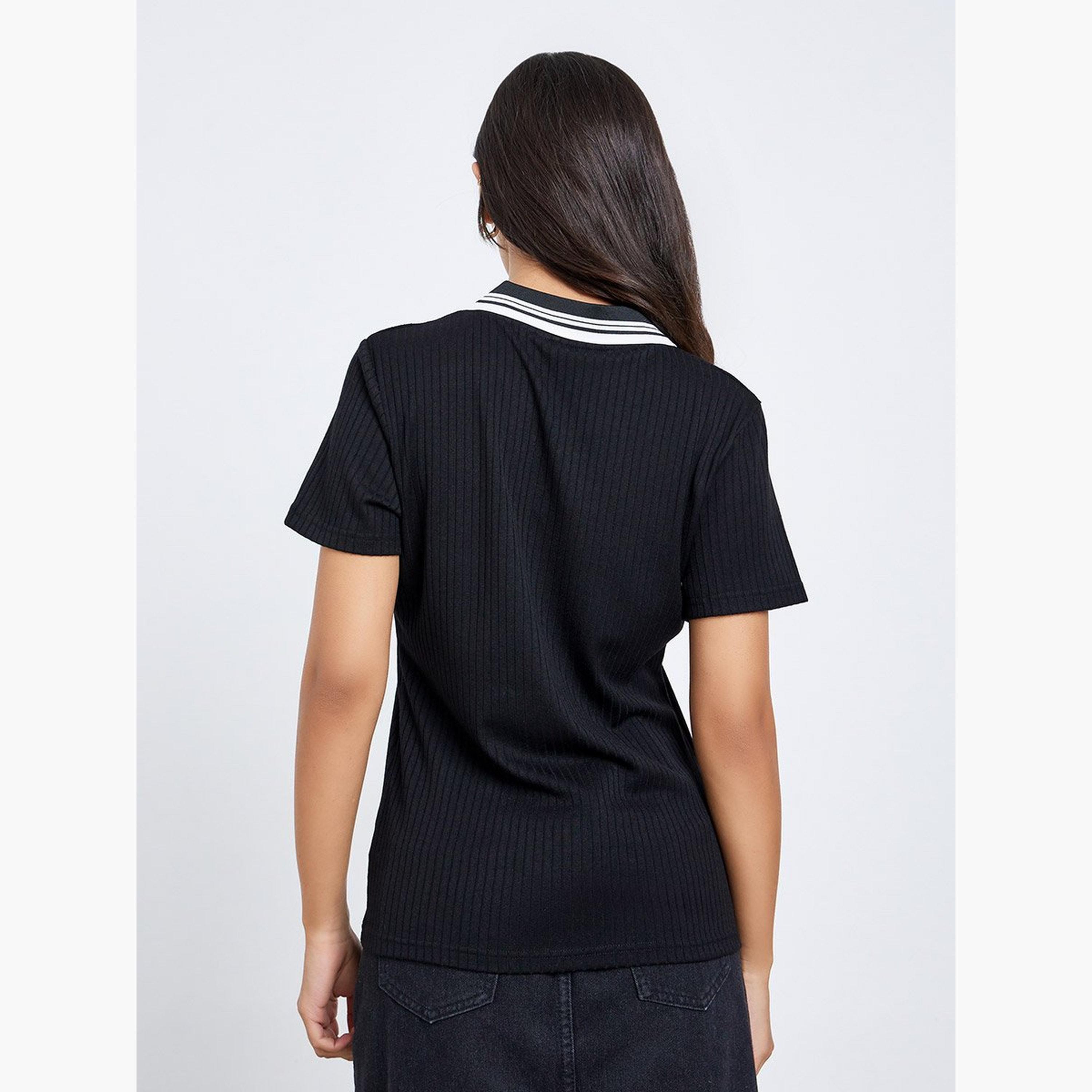 Styli Black Rib Knit Polo T-Shirt-women-clothing-tshirts-image-4