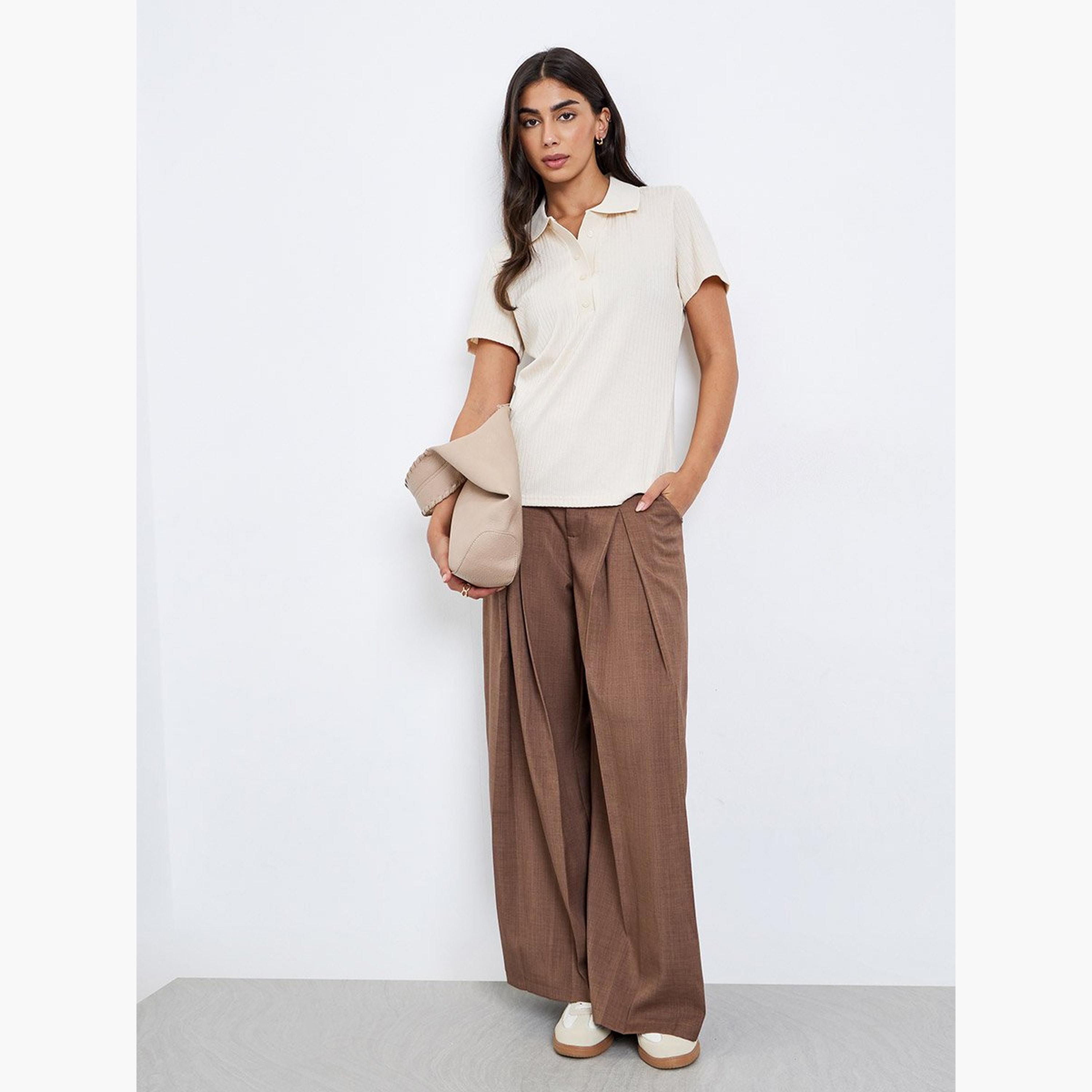 Styli Beige Rib Knit Polo T-Shirt-women-clothing-tshirts-image-1