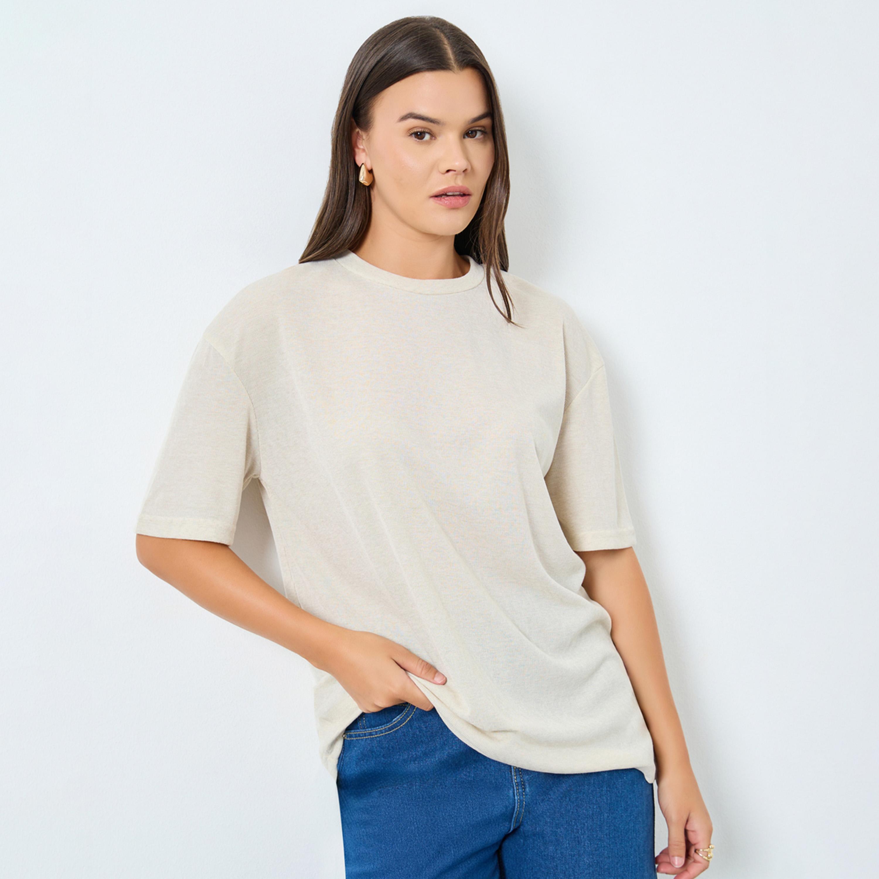 Styli Beige Longline Oversized Knit T-Shirt-women-clothing-tshirts-image-1