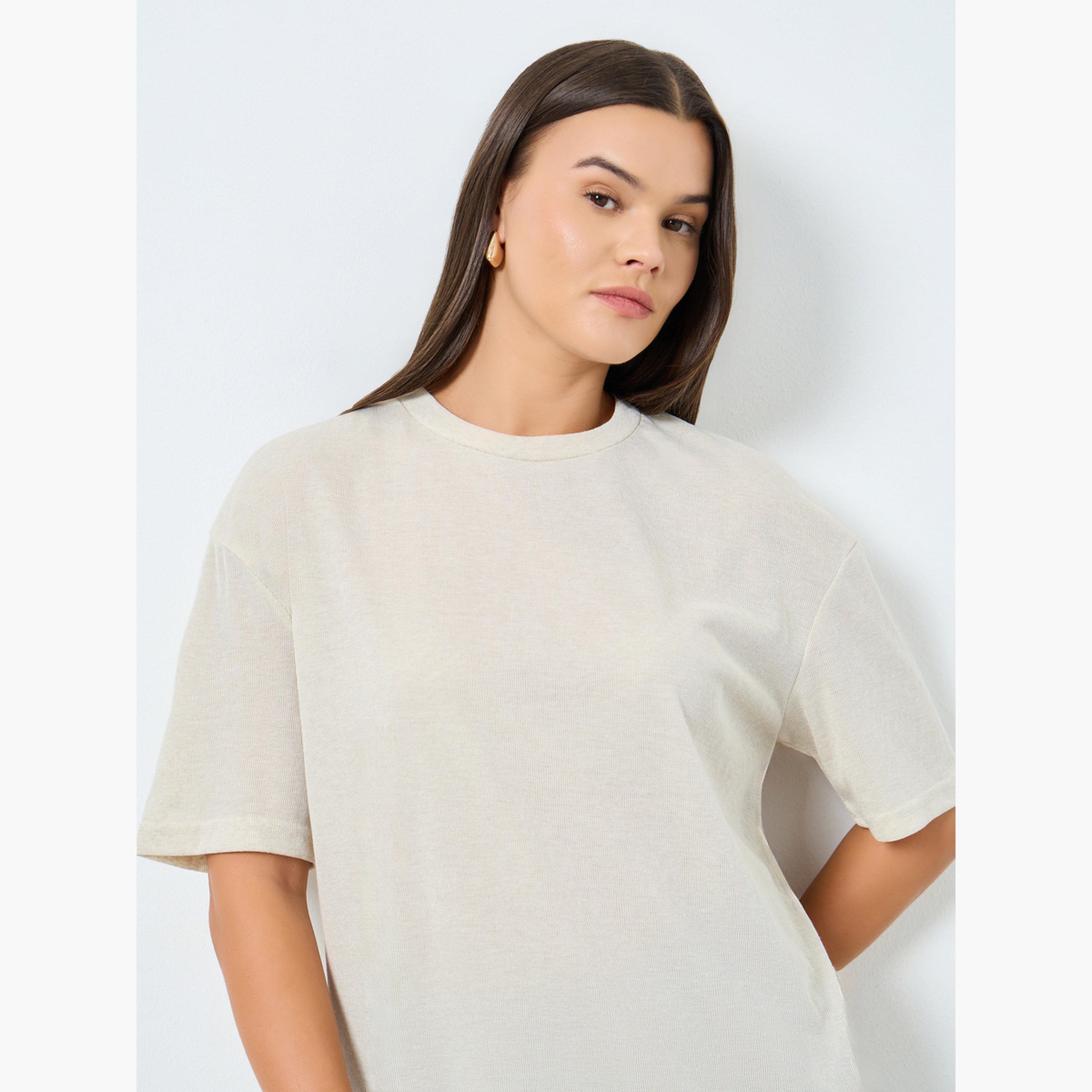 Styli Beige Longline Oversized Knit T-Shirt-women-clothing-tshirts-image-3