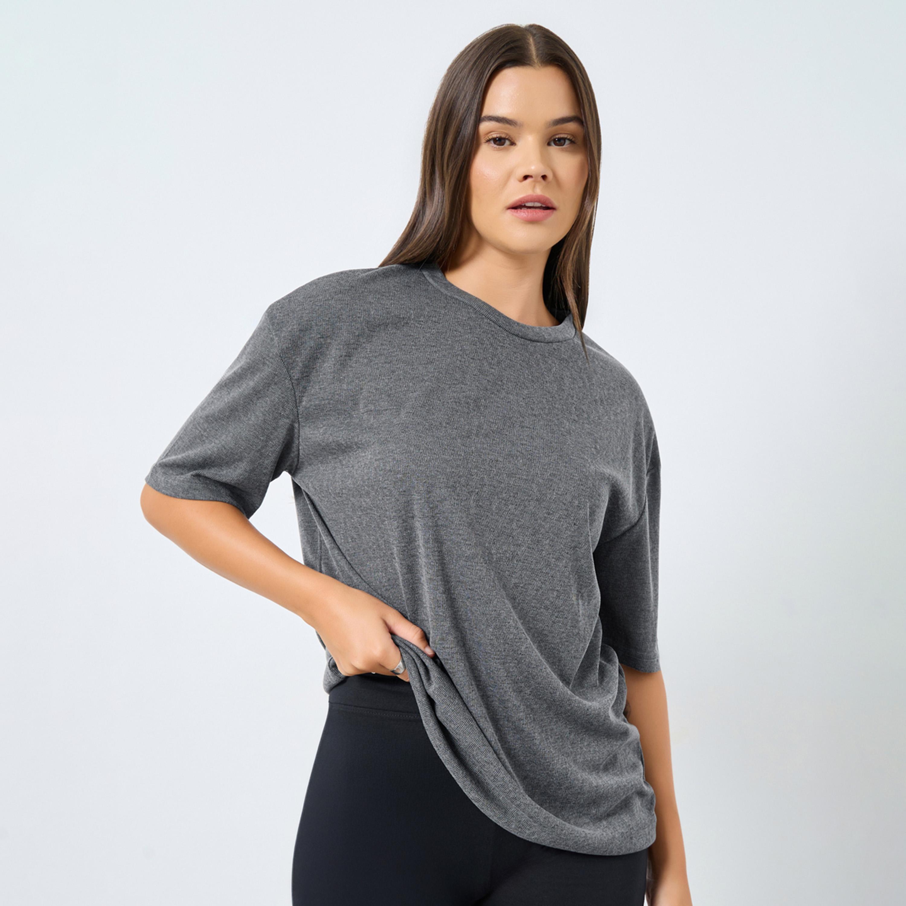 Styli Grey Longline Oversized Knit T-Shirt-women-clothing-tshirts-image-1