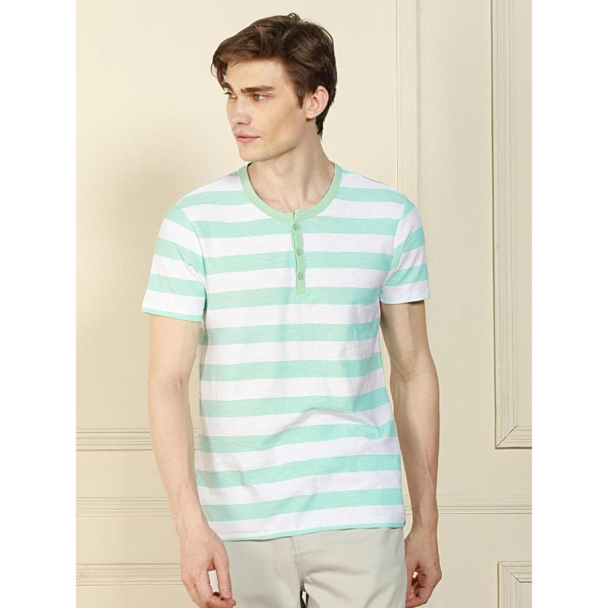 Dennis Lingo Men Green Striped Henley Neck T-Shirt-men-clothing-tshirtsandpolos-tshirts-image-1