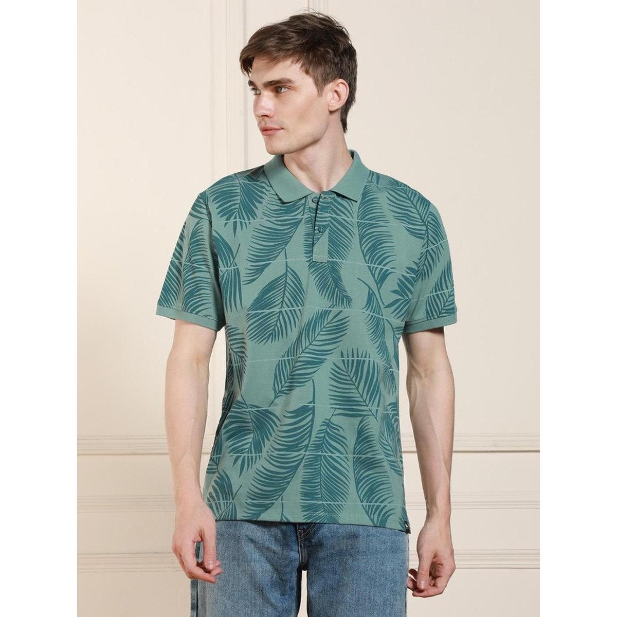 Dennis Lingo Men Green Leaf Print Cotton Polo-men-clothing-tshirtsandpolos-tshirts-image-1