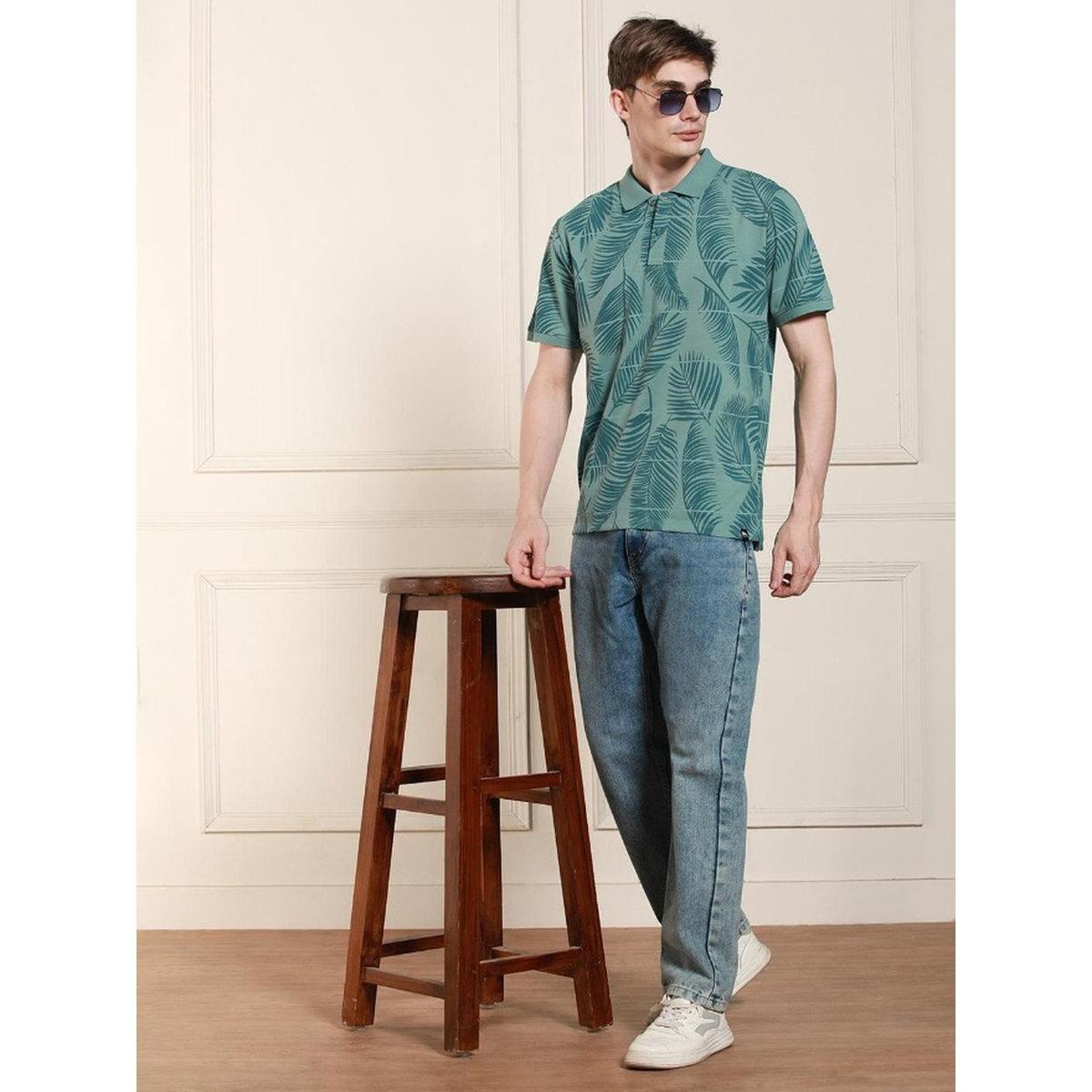 Dennis Lingo Men Green Leaf Print Cotton Polo-men-clothing-tshirtsandpolos-tshirts-image-3