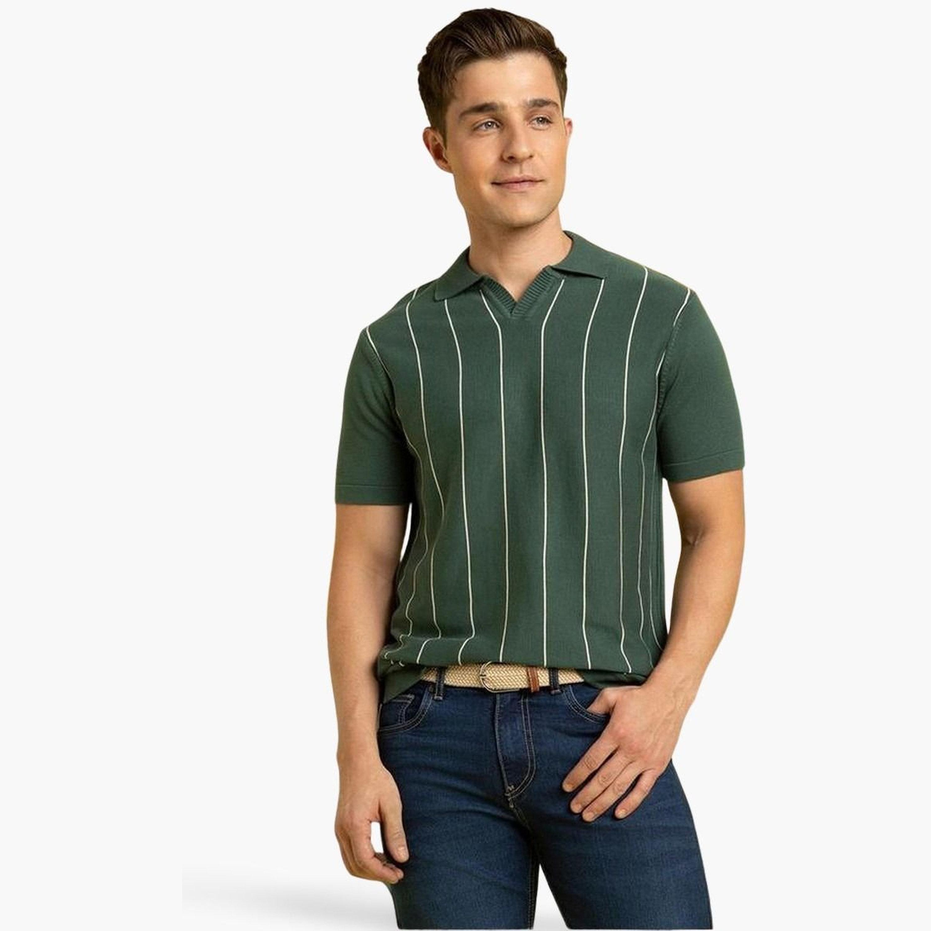 Dennis Lingo Men Green Striped Flat Knit Polo-men-clothing-tshirtsandpolos-polos-image-1