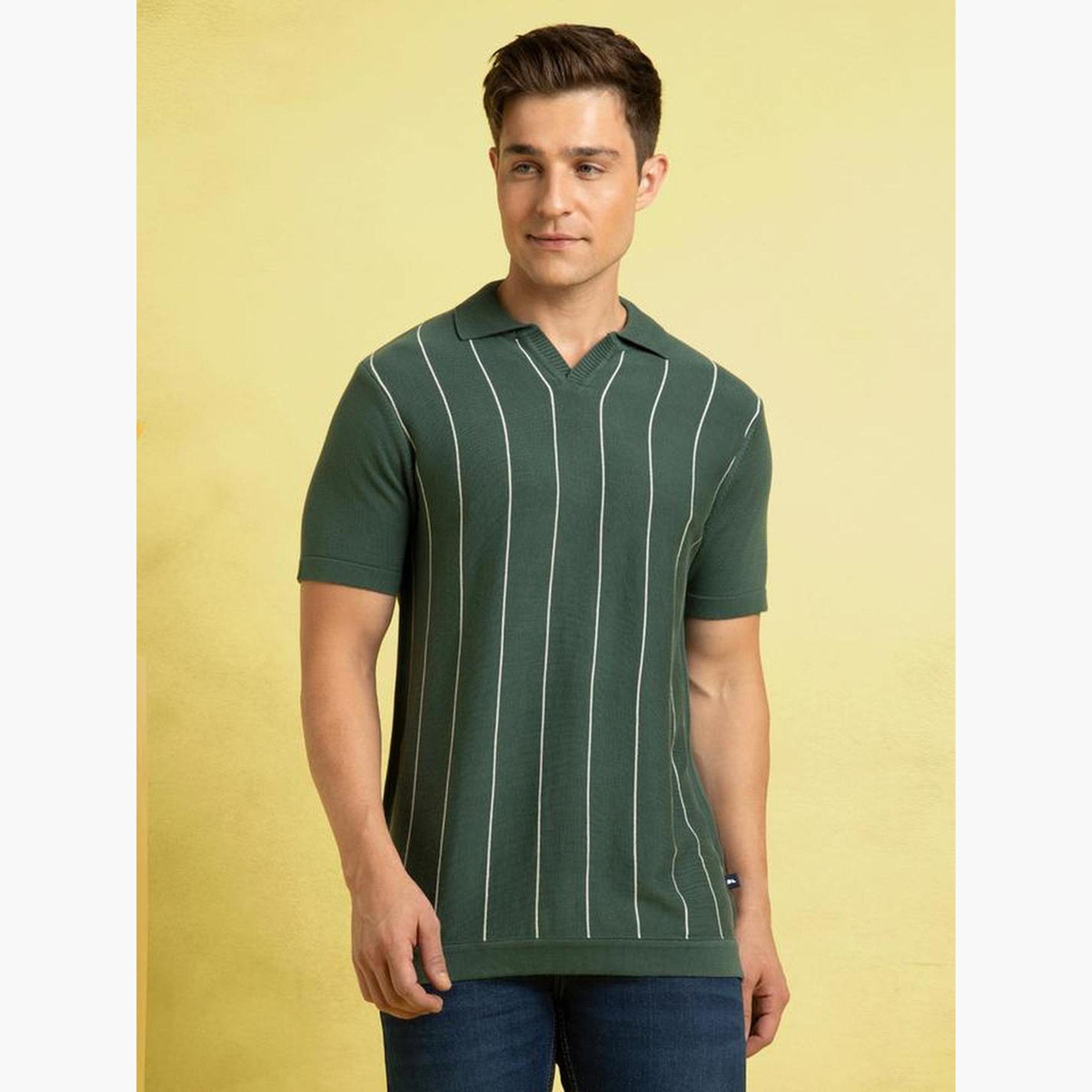 Dennis Lingo Men Green Striped Flat Knit Polo-men-clothing-tshirtsandpolos-polos-image-5