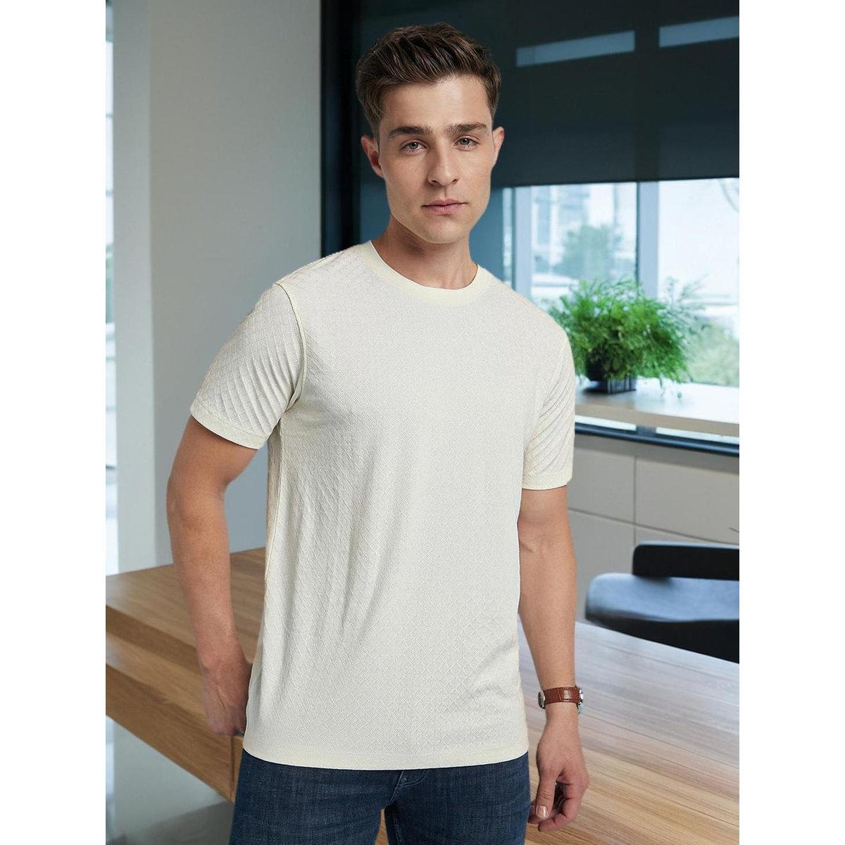 Dennis Lingo Men Off White Textured Regular Fit T-Shirt-men-clothing-tshirtsandpolos-tshirts-image-1