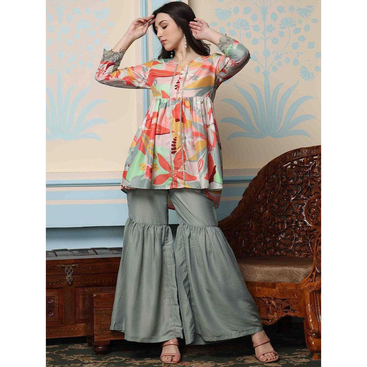 مجموعة من بنطال وكورتا مطبعة بزهور-women-clothing-ethnicwear-sareesets-image-1