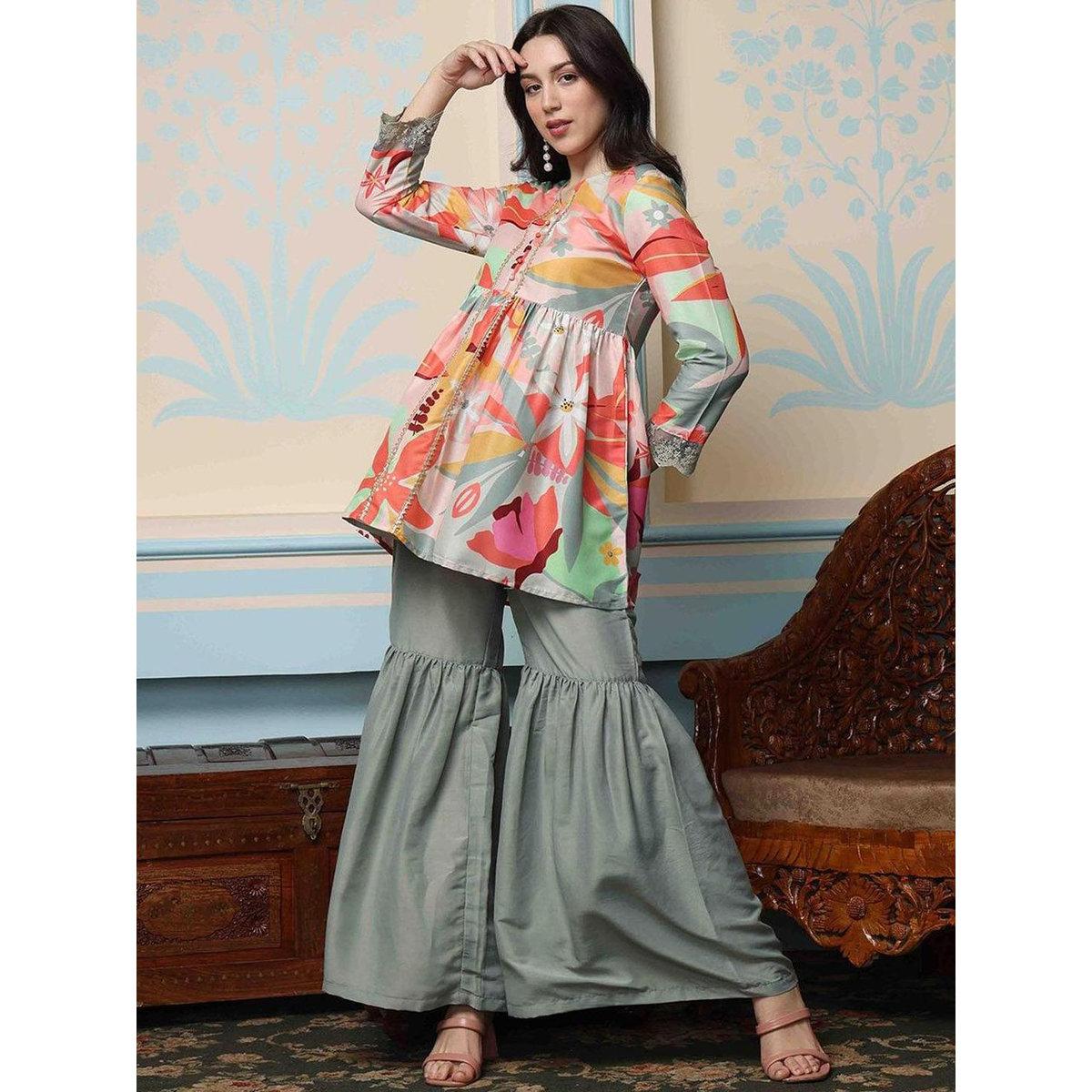 مجموعة من بنطال وكورتا مطبعة بزهور-women-clothing-ethnicwear-sareesets-image-2