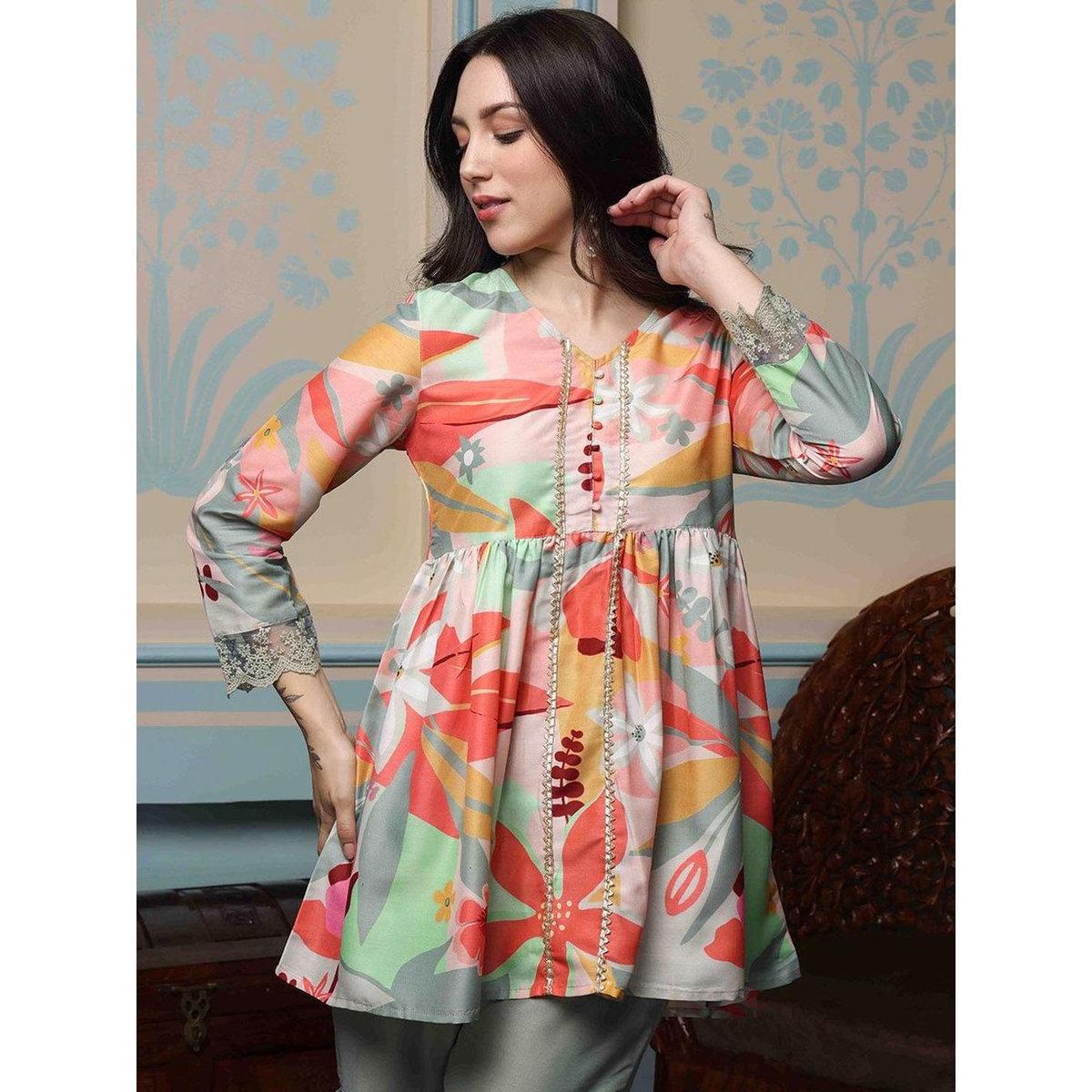مجموعة من بنطال وكورتا مطبعة بزهور-women-clothing-ethnicwear-sareesets-image-4