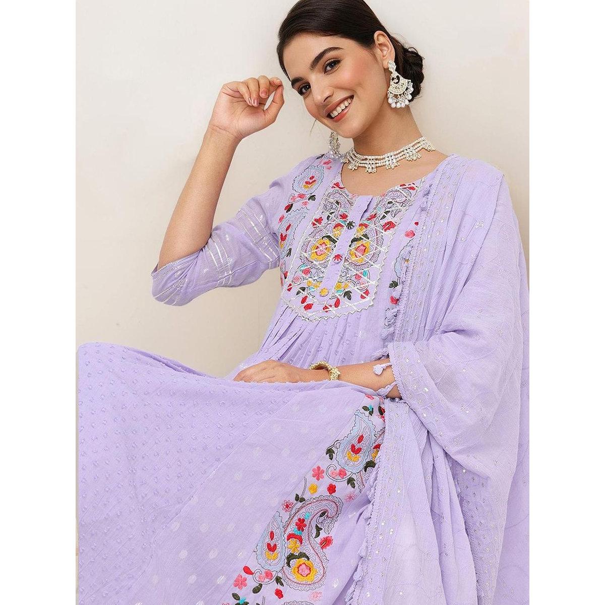 Ishin Women Lilac Cotton Kurta with Trousers and Dupatta Set-women-clothing-ethnicwear-sareesets-image-1